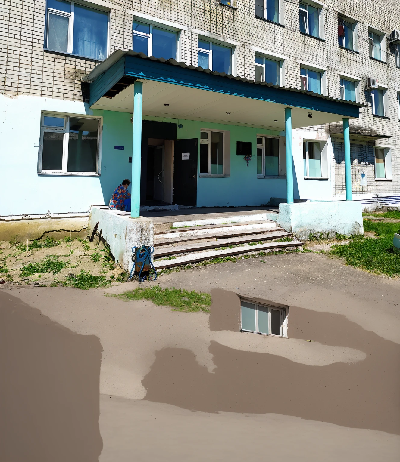 a boy is sitting on the steps of a building, Post-Soviet Compound, hospital, centre image, In elementary school, ground level view of soviet town, Medical Complex, 3 4 5 3 1, norilsk, kashin, neo norilsk, soviet bus stop, very coherent image, multistorey building, West Slavic features, outside view, asphalt in front of the building, grass