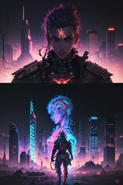 best quality, masterpiece, highres, an extremely detailed, photorealistic, (Black Light Art:1.4), Blacklight, anime guy with two swords in his hand and a city in the background, cyberpunk art style, portrait of a cyberpunk samurai, in cyberpunk style, cyberpunk shading, cyber space cowboy, cyberpunk artstyle, synthwave art style ]!!, [ synthwave art style ]!! ]!!, [ synthwave art style ]!!, synthwave art style, cyberpunk samurai