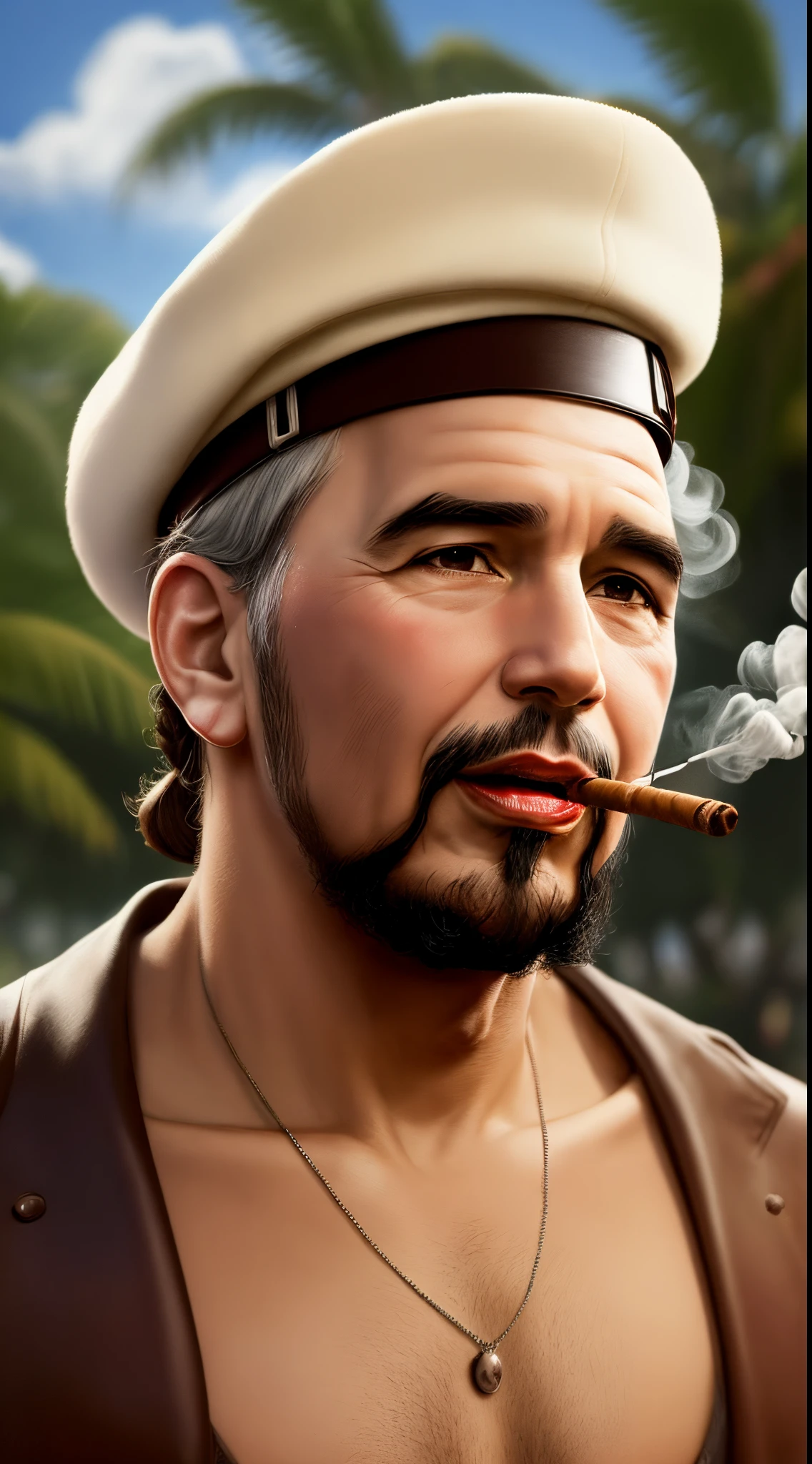 Draw the Cuban singer Chocolate Mc with Fidel Castro smoking a cigar