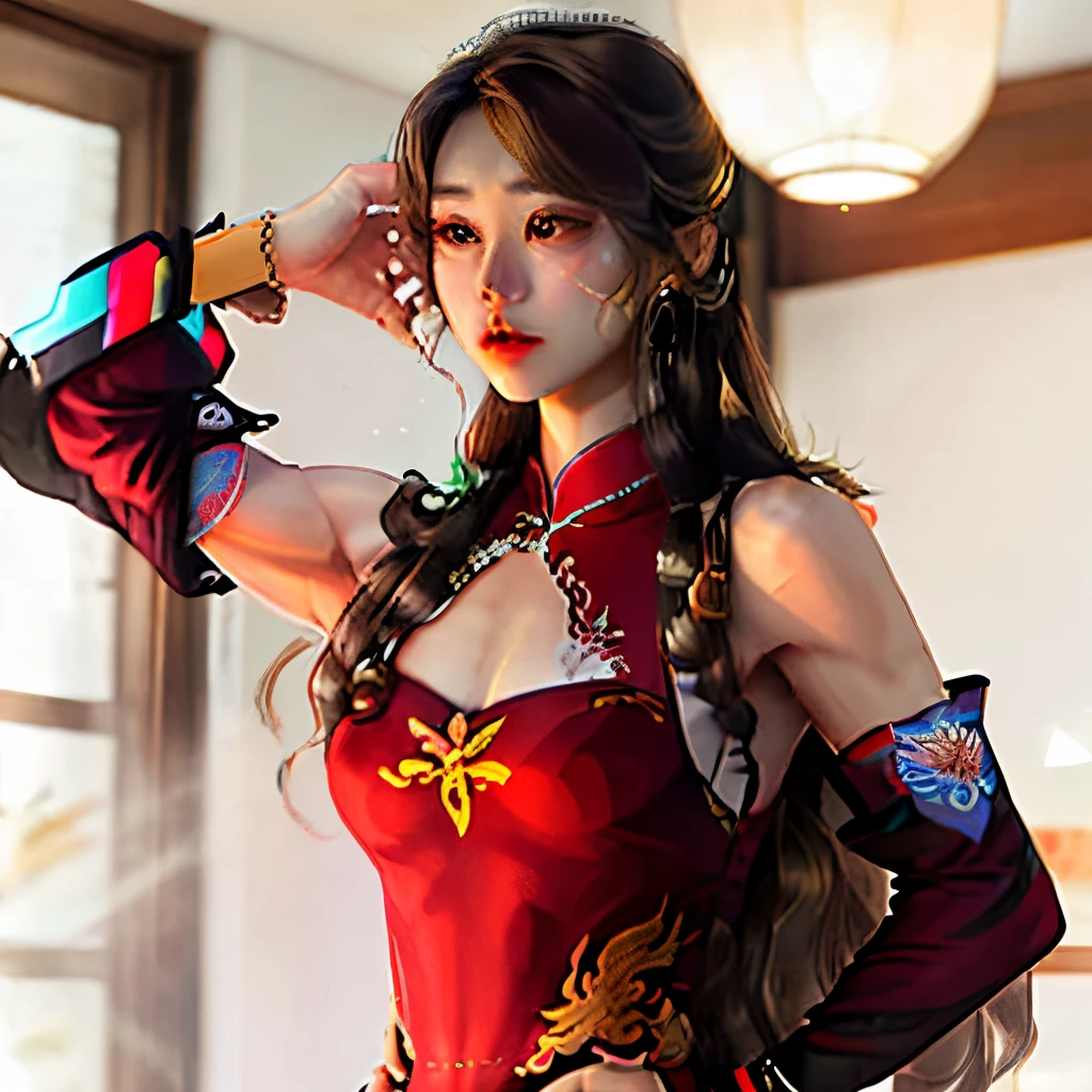 Irelia from League of Legends, KDA Irelia ((Realistic light, Best quality, 8k, Masterpiece :1.3)), Selfie, 1girl, Pretty woman with perfect figure :1.4, abs :1.1, (Brown hair, Huge breasts :1.5), arabic dress :1.2, Bed, Ultra-detailed face, Detailed eyes, Double eyelid, perfect hands perfect fingers perfect breasts perfect hair perfect face perfect body