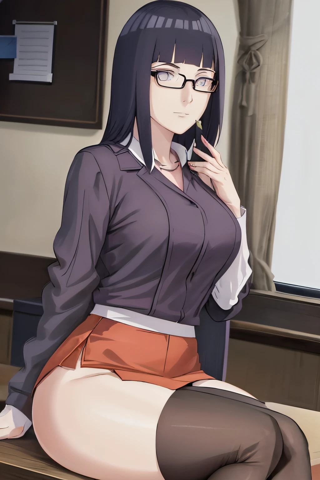 There is a woman sitting on a chair,holding laptop, Wear a strict black suit, sittinng on the desk, wearing a strict business suit, On a table, wearing a strict business suit, Japanese goddess, thighhighs and skirt, sat at her desk, sittinng on the desk, Sitting at your desk, dressed in a suit, elegant legs, seductively looking in front, Crossed legs, Sakura Futaba, Orange hair, Blunt bangs, Purple eyes, Violet eyes, Glasses, white button-down blouse, Earphone, thicc, Green jacket, Thick thighs