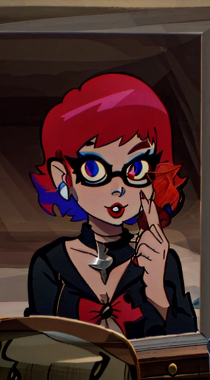 Mirror selfie, Short red curled hair with bangs, blue eyes, blue glasses, red lips, duck face, goth makeup, cross earings