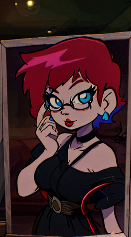 Mirror selfie, Short red curled hair with bangs, blue eyes, blue glasses, red lips, duck face, goth makeup, cross earings