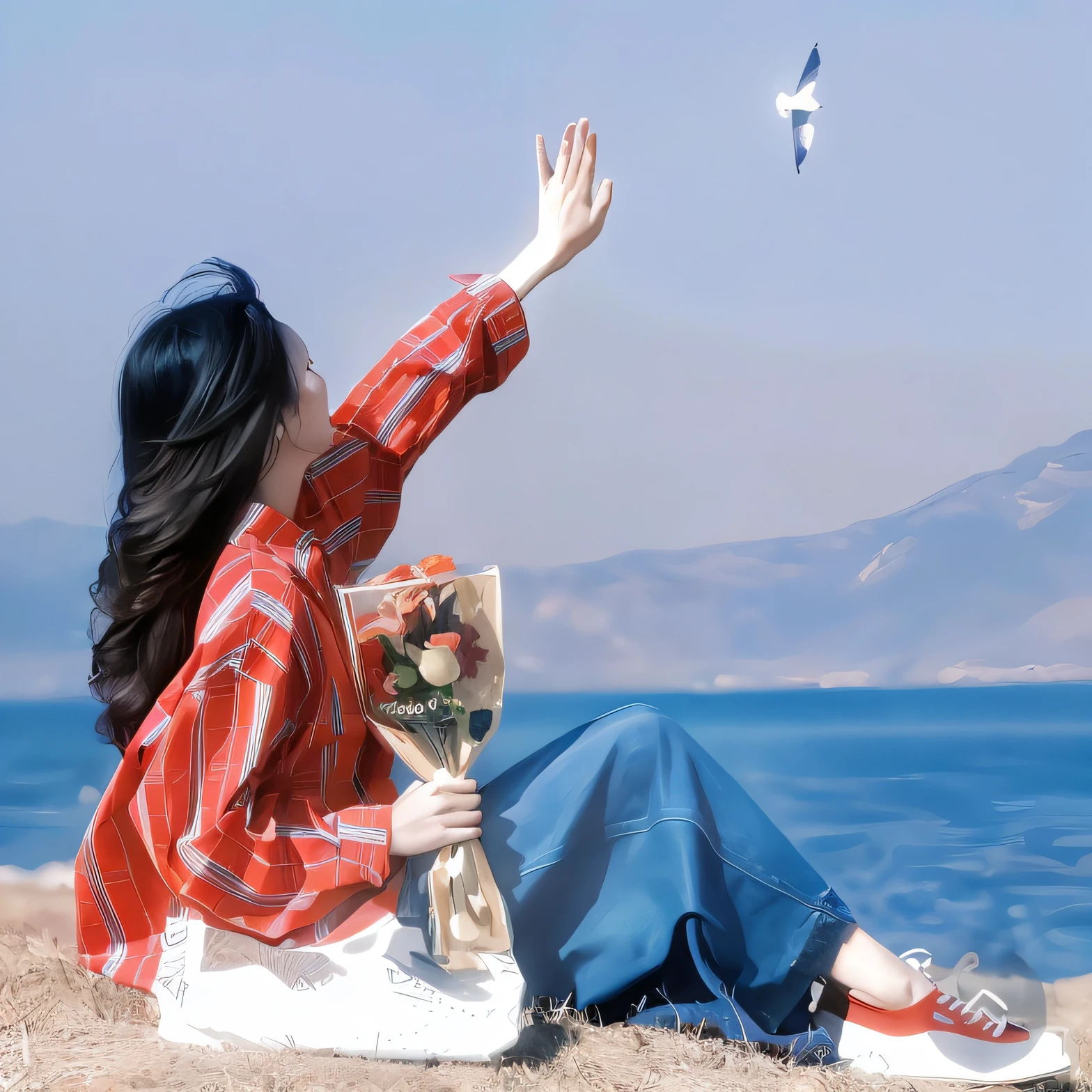 The woman sits on the ground，Holding a bouquet of flowers and a kite in hand, Hold the magic flower, hold a flower, [ photograph of-realistic ]!!, she is floating in the air, Taoist paintings, [ Realistic photography ], dispassionate, hyperrealistic photo, Realistic graphics, girl, photore, [ number art ]!!, Holding flowers, 2 0 2 2 photo, realism art style
