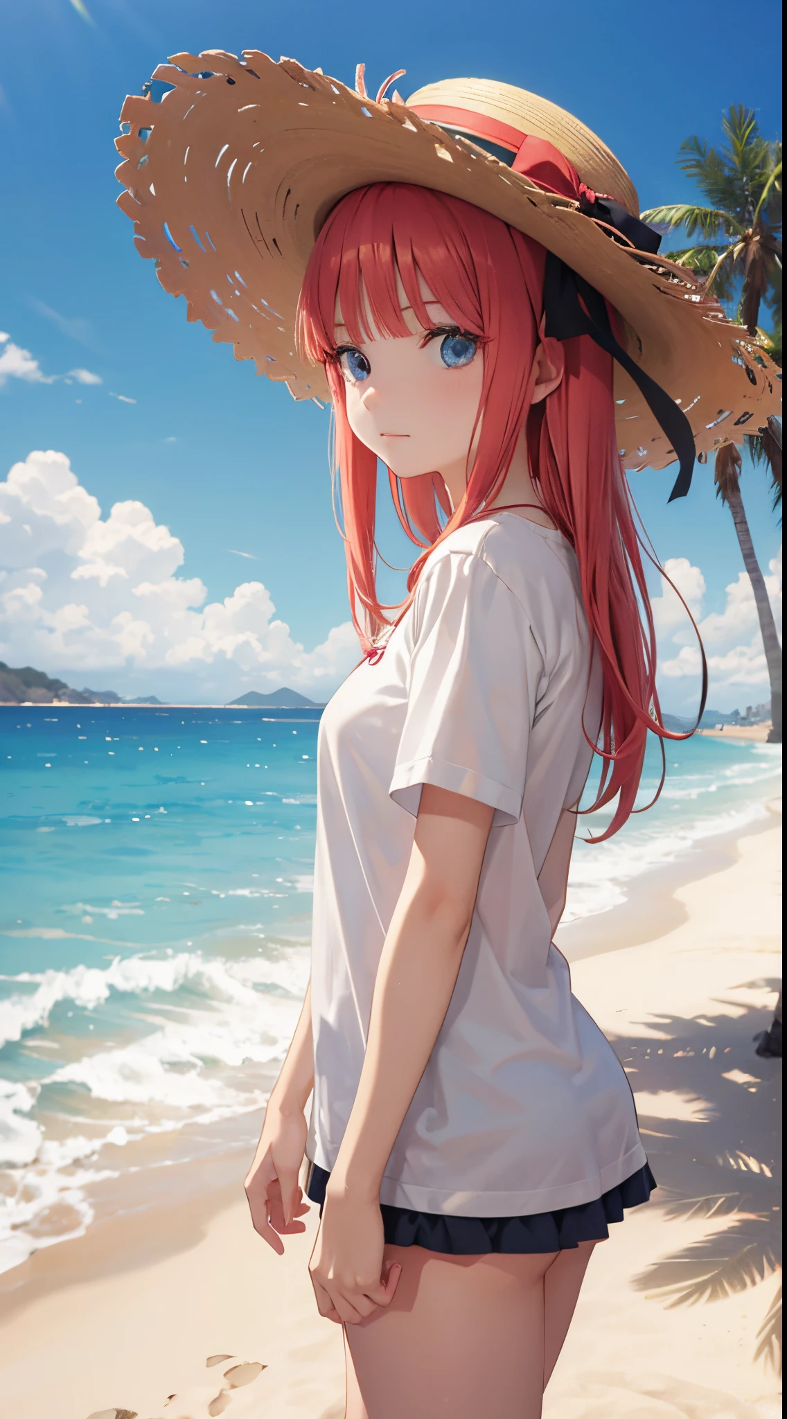 Nino Nakano, ropa playera,sombrero de playa,lentes de sol,costa del mar