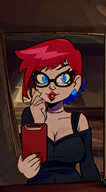 Mirror selfie, Short red hair with bangs, blue eyes, blue glasses, red lips, duck face, goth makeup, cross earrings, bigger body