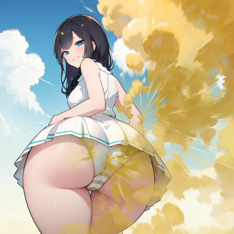 1 girl, Little girl, long hair, Black hair, blue eyes, (((full white dress))), (Sleeveless dress), (Short dress), blue white panties, (((horizontal striped panties))), massive ass, Turn around and look back, Smile, joy, smiling face, fart, onara, fart, farting, big fart, Fart from the ass, Yellow smoke, Yellow smoke is rising, Green fields, Sunny weather