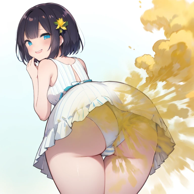 1 girl, , long hair, Black hair, blue eyes, (((full white dress))), (Sleeveless dress), (Short dress), blue white panties, (((horizontal striped panties))), massive ass, Turn around and look back, Smile, joy, smiling face, fart, onara, fart, farting, big fart, Fart from the ass, Yellow smoke, Yellow smoke is rising, Green fields, Sunny weather