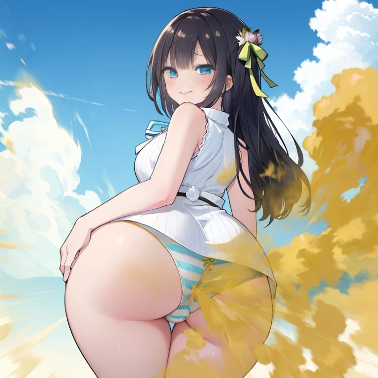 1 , long hair, Black hair, blue eyes, (((full white dress))), (Sleeveless dress), (Short dress), blue white panties, (((horizontal striped panties))), massive ass, Turn around and look back, Smile, joy, smiling face, fart, onara, fart, farting, big fart, Fart from the ass, Yellow smoke, Yellow smoke is rising, Green fields, Sunny weather