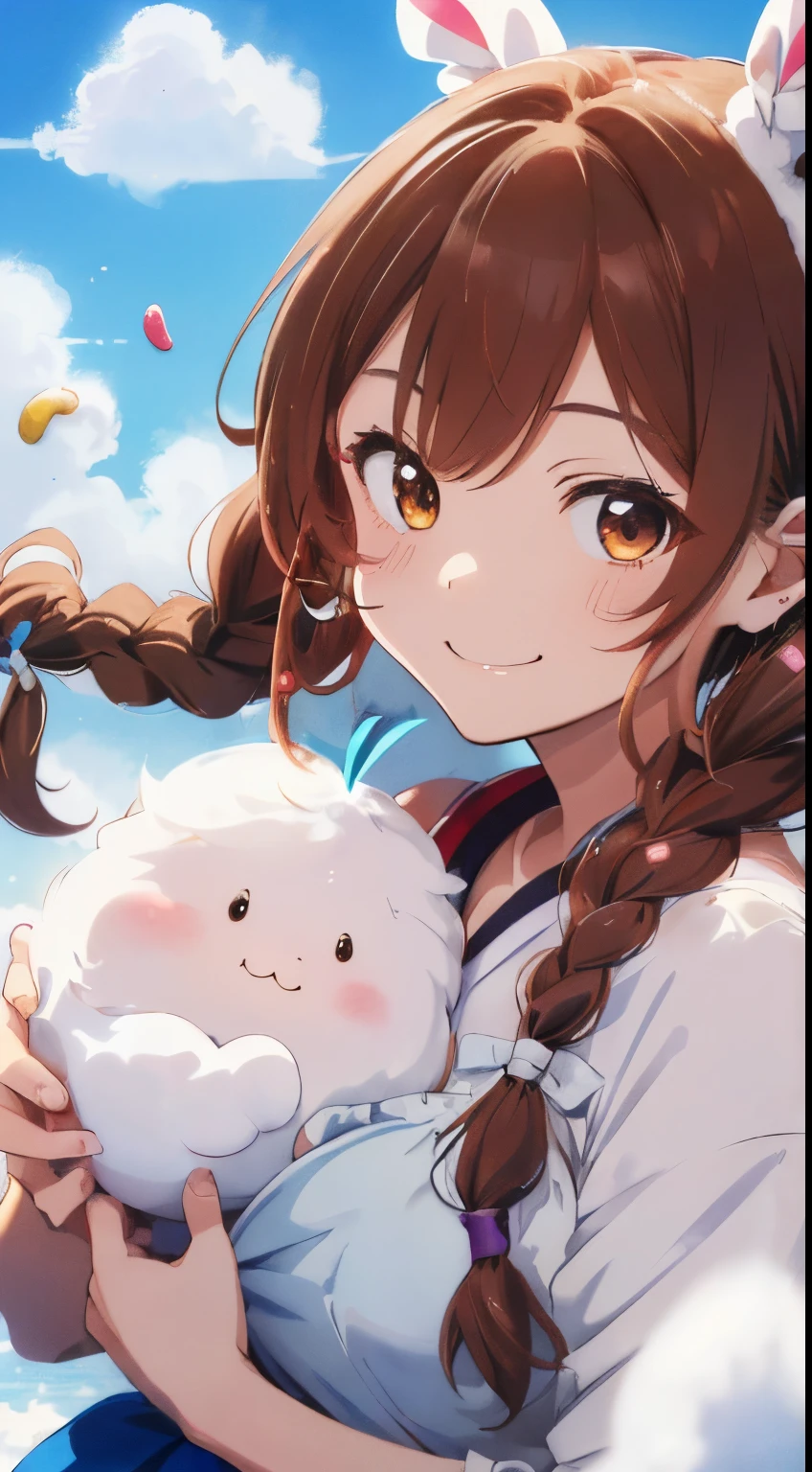 A colorful wonderland world,(White the, Fluffy, A round creature is flying),((A fluffy round creature floats on the wind.......)),((Mysterious creatures)),fluffy hair,brown haired,((Braiding,Braids,Odango Hair)),Slightly red tide,((Brown eyes)),(voluminous clothes with frills),((I have white cream on my face and hands........)),((yogurt)),(Tejepero),(Smile slightly),(Kamimei),(close up of face),There are a lot of sweets scattered around,