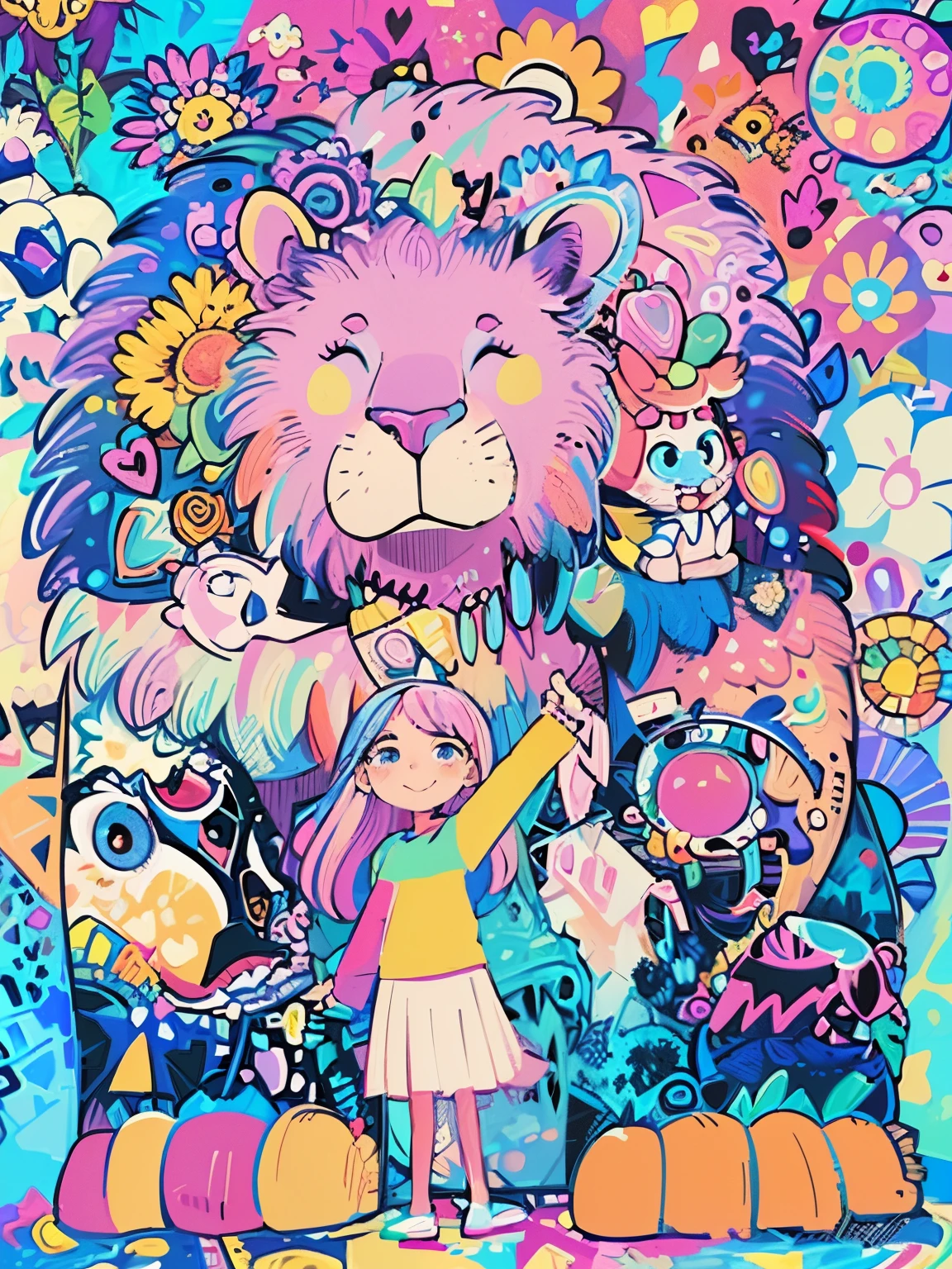 A painting of a girl standing next to a lion,Flowers in the background, in style of lisa frank, Leslie David and Lisa Frank, lisa frank style, Colorful children's book illustrations, inspired by Lisa Frank, KIDS ILLUSTRATION, Alex Yanes and Lisa Frank, portrait of a lisa frank, Chuanghui Illustrations, whimsical and psychedelic, in a lisa frank art style