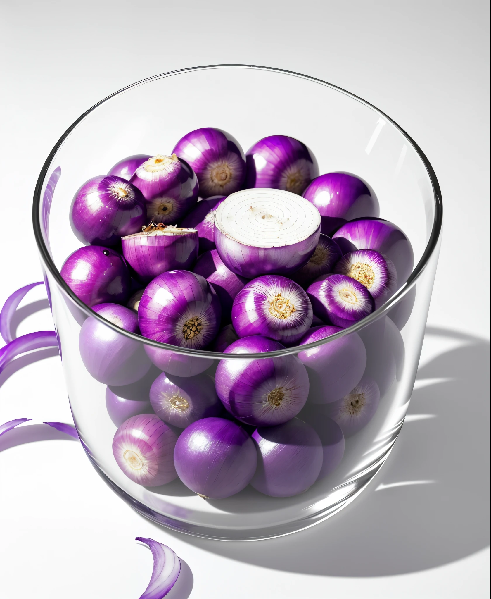 (Best quality,8K,Masterpiece:1.3),NOhumans,clear glass bowl,There are some purple onion pieces in there, blend, detalhe poderoso, intense detail, on the white background, Clear detail, professional,(Hyper-realistic:1.3)