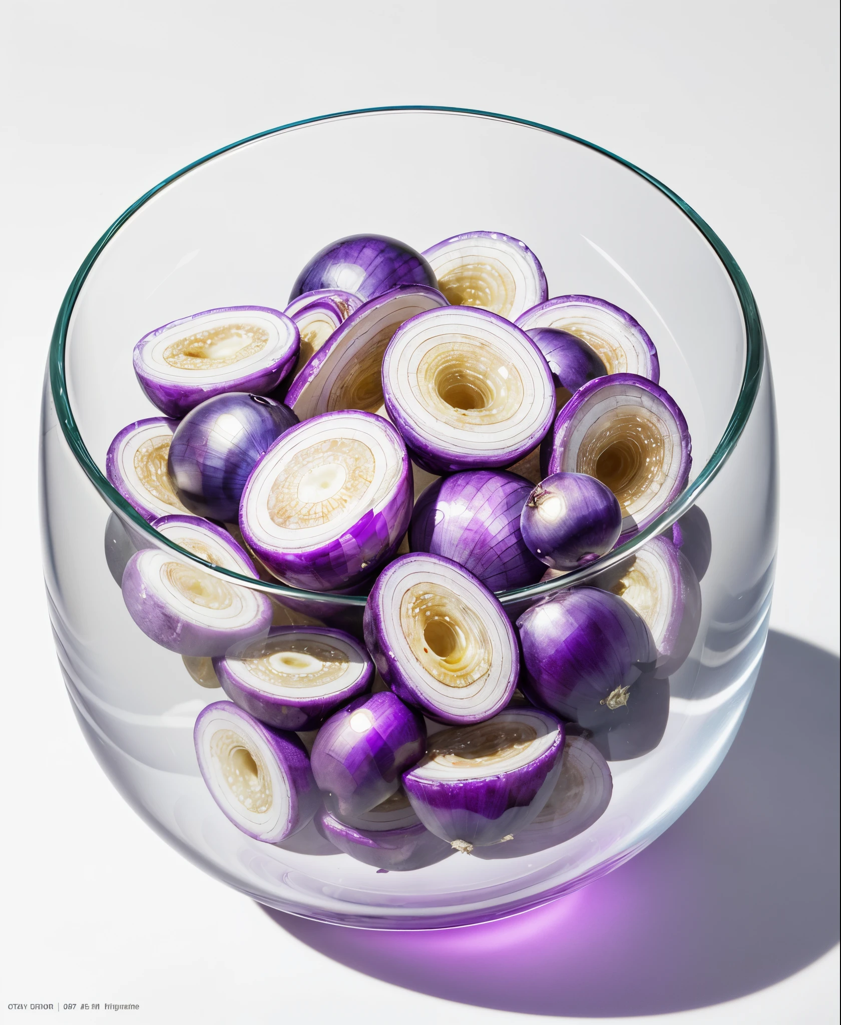 (Best quality,8K,Masterpiece:1.3),NOhumans,clear glass bowl,There are some purple onion pieces in there, blend, detalhe poderoso, intense detail, on the white background, Clear detail, professional,(Hyper-realistic:1.3)