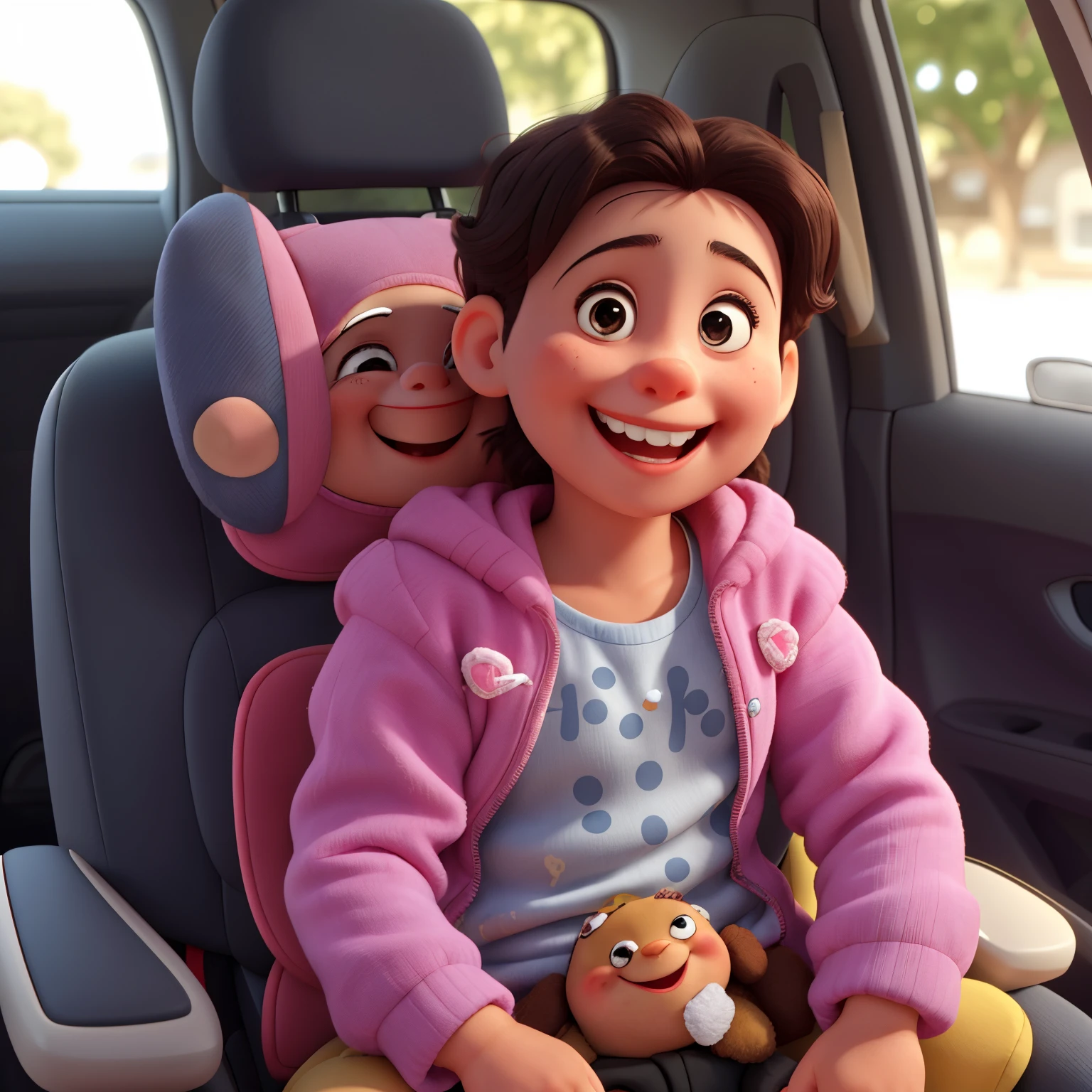 arafed child sitting in a car seat smiling and holding a stuffed animal, sitting in her car, she is smiling and excited, 2 years old, very excited, she is smiling and happy, she expressing joy, brightly lit!, rosey cheeks, beautiful and smiling, big smile on her face, happy girl, very silly looking, very very happy!