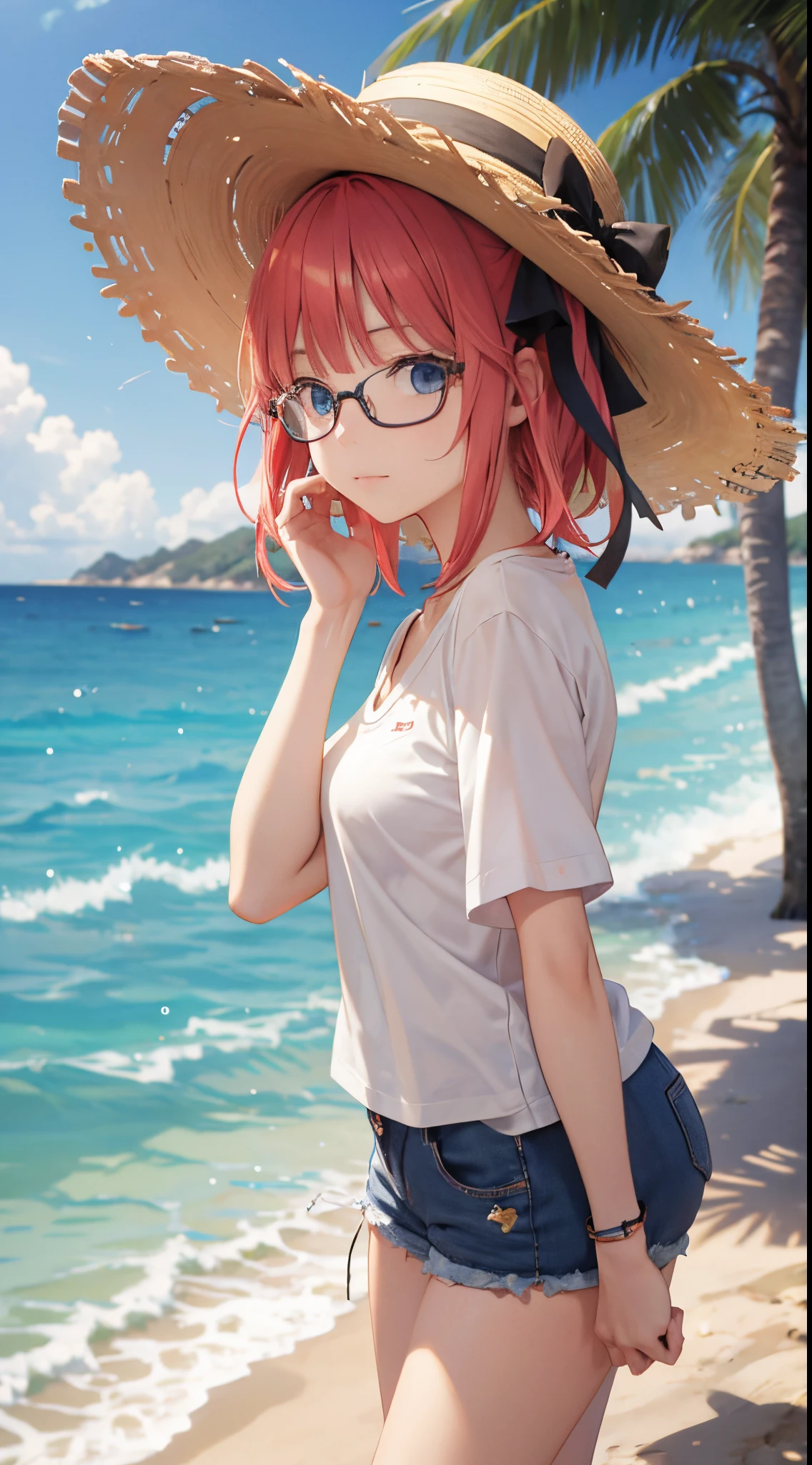 sassy, childish, nerdy, red-haired girl, skinny, tanned, straight loose hairstyle, half-closed eyes, flat, small ass, small glasses, topless, erect nipples, puffy nipples, navel, denim shorts, black flip-flops, smiling excitedly, in front of a beach house facing the sea, comedy manga, Shimada Funikane style, cinematic, dramatic, dynamic view, full body, CG masterpiece, ecchi,