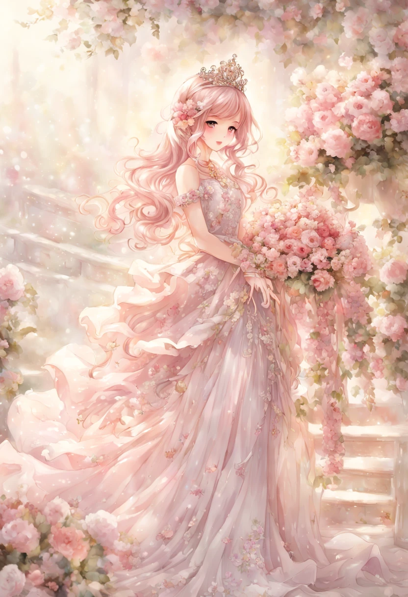 princess, tiara and bouquet,long-one-piece dress,Full body,She looked at me with very beautiful and kind eyes.Detailed Schneider Pastel Ink, soft and fantastic, Fluffy, (extremely fine and beautiful), (Perfect Detail)、(pastel color),Soft texture:1.2.(masutepiece, Best Quality), (finely detailed beautiful eye), (finely detailed eyes and detailed face),(Silky pink hair), The hue is also noticeably brighter.Pale blurry silhouette,Surrounded by many flowers,girl birthday day. gorgeous decoration, Flowers, and many々gather to celebrate. Only one day a year can a girl be the star of the show, Like a princess.fine brushes, Rough, detailed watercolour, soft and fantastic, pastel, Fluffy, (extremely fine and beautiful), (perfect detail)、(pastel color),Soft texture:1.2.(masutepiece, Best Quality), (finely detailed beautiful eye), (finely detailed eyes and detailed face),The tones are also visibly luminous.Pale blurred contours