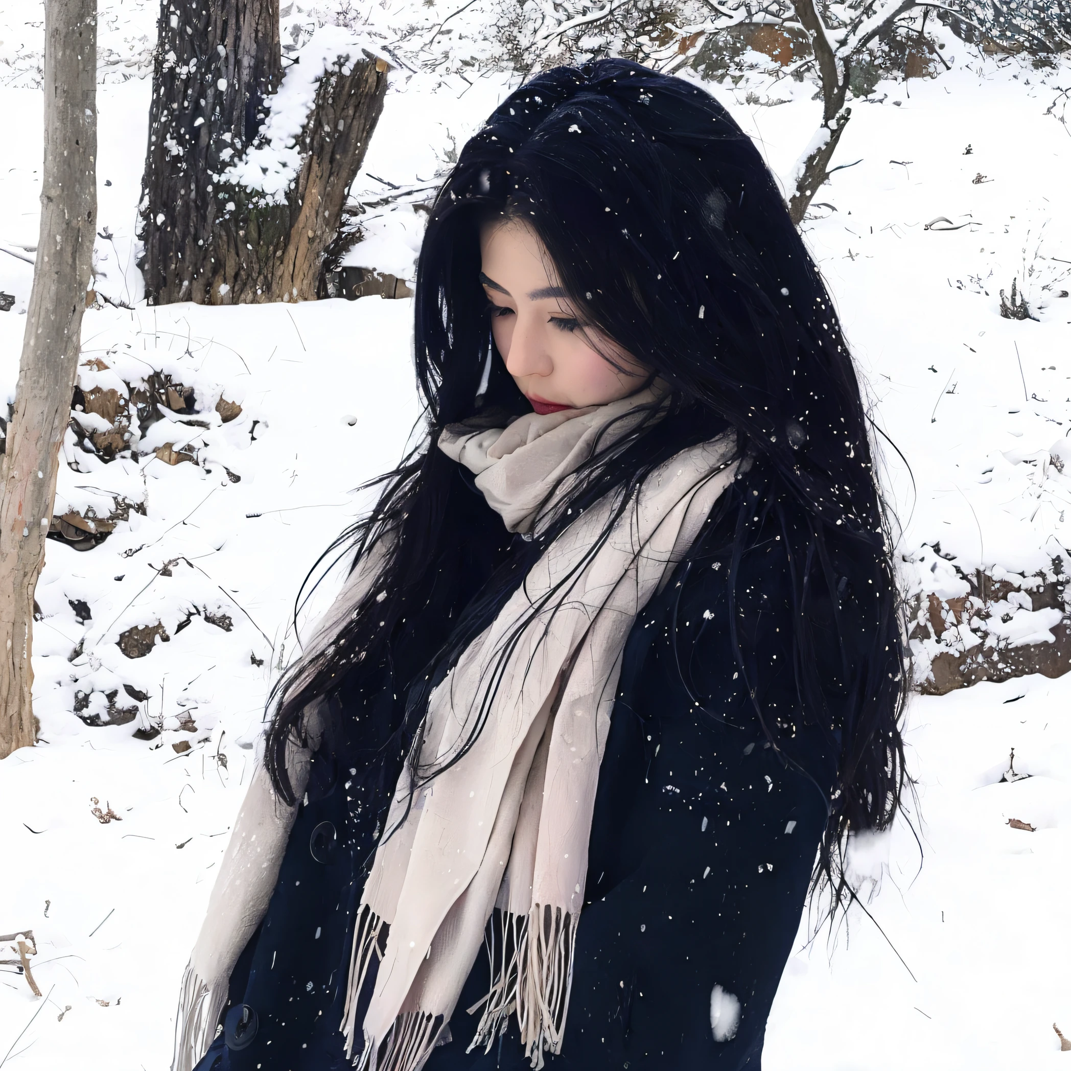 Araf woman wearing scarf standing in the snow, in the snow, in the snow, My background is only snow, Cold, Cold snow, Cold snow outside, Strong winter aesthetics, Very long snow-colored hair, Full body lesbian:: snowing outside::, winter time, standing in the snow, Cold but beautiful, snowy days, nevando, Urzans