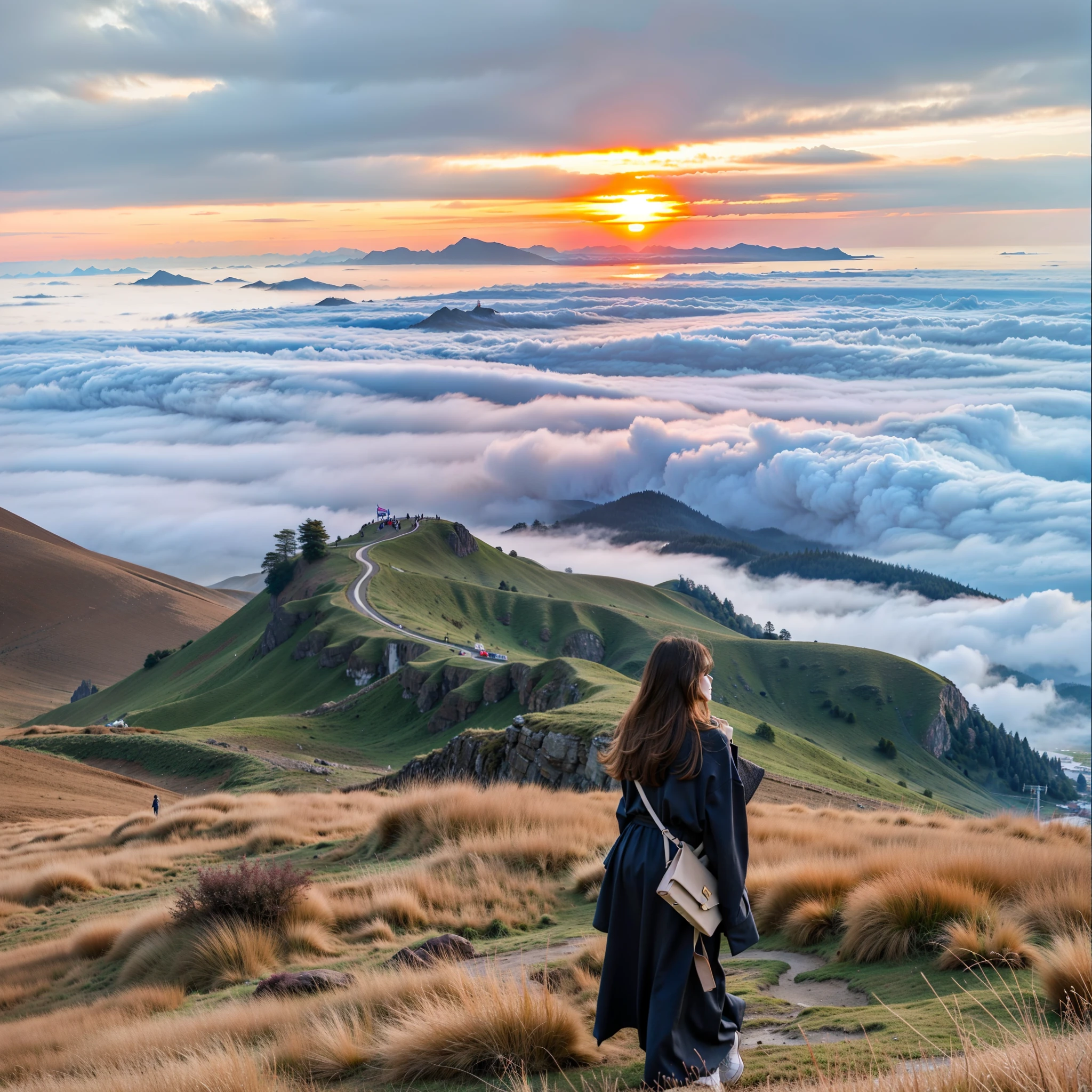Araf stands on the hill，overlooking valley，Admire the sea, sunset and big clouds behind her, Walking on the clouds and mist, Girl standing on the hill, Standing in the clouds, standing on a hill, she is approaching heaven, at sunrise, Above the clouds, Instagram photos of stunning views, girl walking in the mountains, 8K. View&#39;s padding