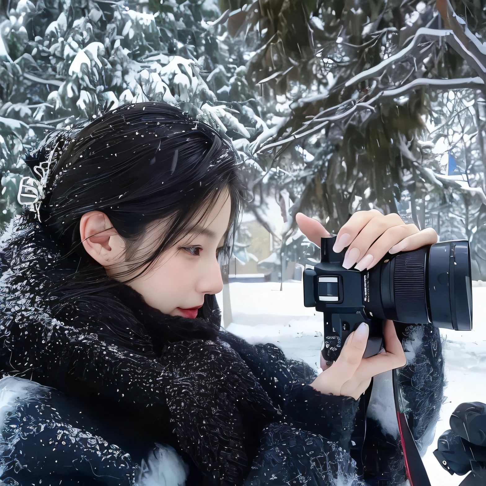 Woman taking photo of snow covered trees with camera, My background is only snow, in the snow, in the snow, Inspired by Ma Yuanyu, photography], photography ), [ Realistic photography ], nevando, 8K)), weather photography, 8K selfie photo, (Yuki), anime style mixed with fujifilm, Nikon Z9 shot, photography hight quality