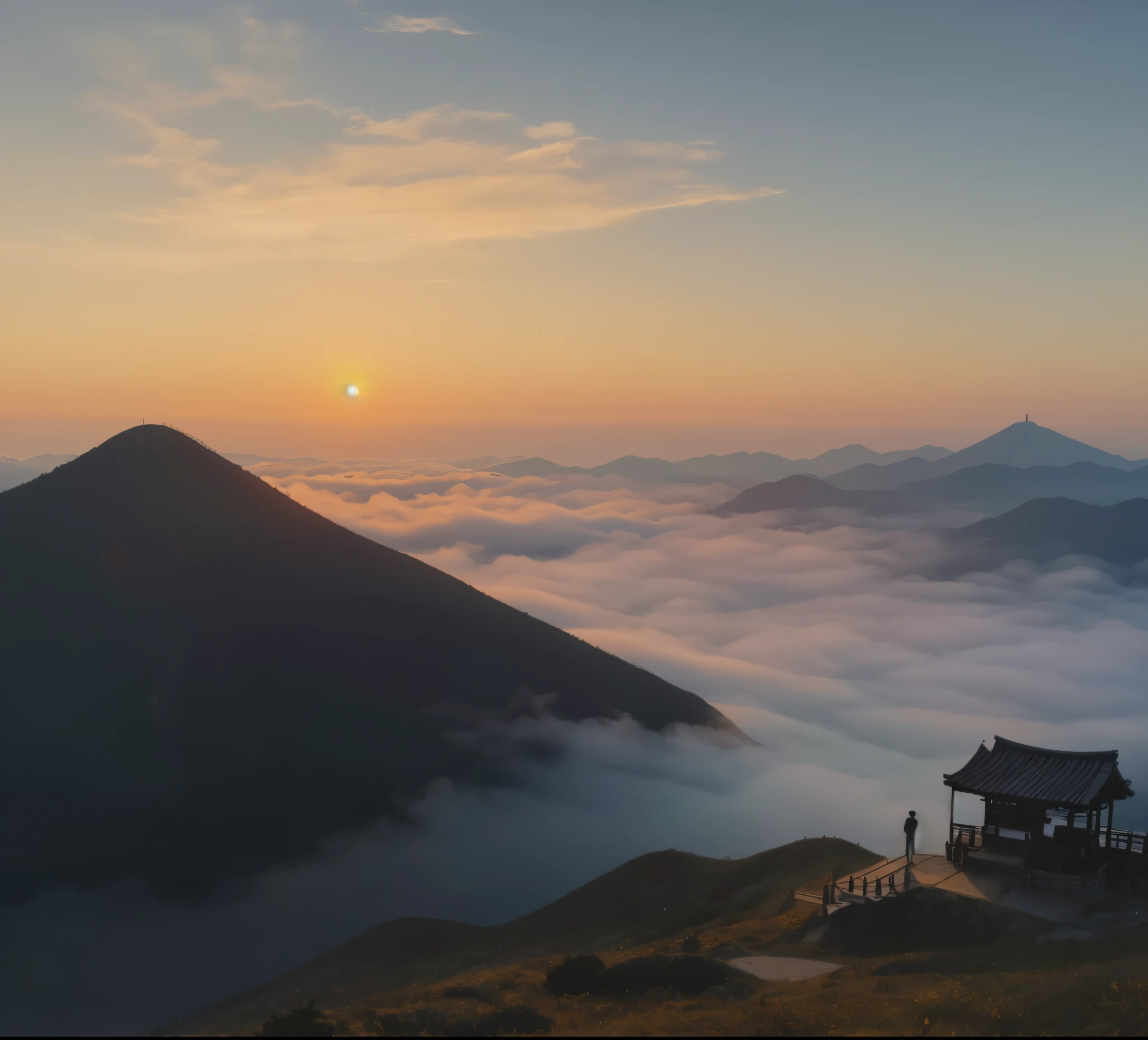 There are several people standing on the mountain at sunset, at sunrise, landscape photography 4k, mont, mountain sunrise, 4K posts, 4K posts, Fantastic atmosphere 8K, Japan Mountain, Amazing atmosphere, 4K cinematic panorama, an amazing landscape image, Taiwan, The sun rises from between the two mountains, Walking on the clouds and mist, at sunrise