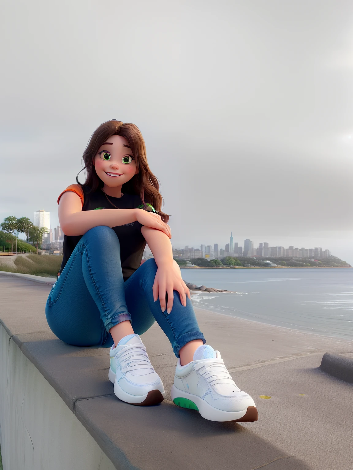 Create a Disney Pixar princess style image with the following characteristics: a white-skinned woman looking at the camera with green eyes and long, semi-wavy dark brown hair and a beautiful smile where you can see her teeth and beautiful look. This is a photo of a person sitting on a concrete wall with his legs crossed. The person is wearing a black t-shirt and blue jeans. The person is wearing white sneakers with orange and green accents. The background is a beach with a city skyline in the distance. The sky is slightly cloudy and the ocean is visible.