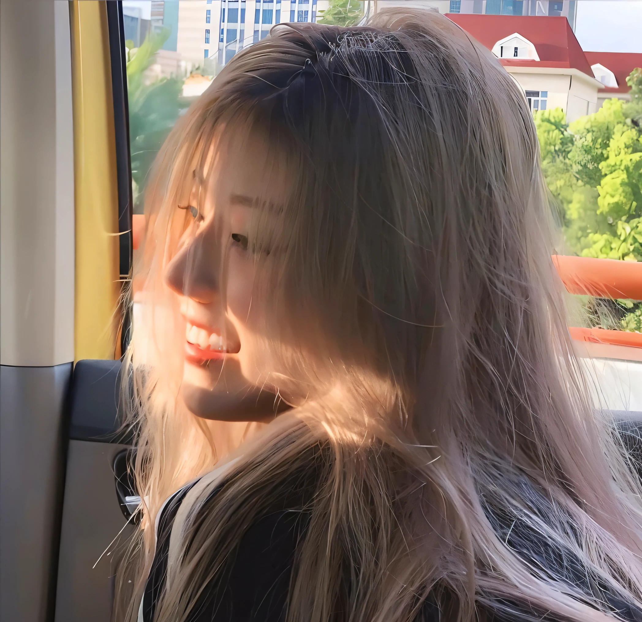 Long-haired blonde sitting in car looking out the window, Soft light shines from the side, long whitr hair, hair flying in the wind, flowing glowing hair, Hair Fluttering in the Wind, long hair floating in the wind!!, The wind blows the hair, her hair billowing in the wind, light passing through white hair, Hair covers the face, Has white hair