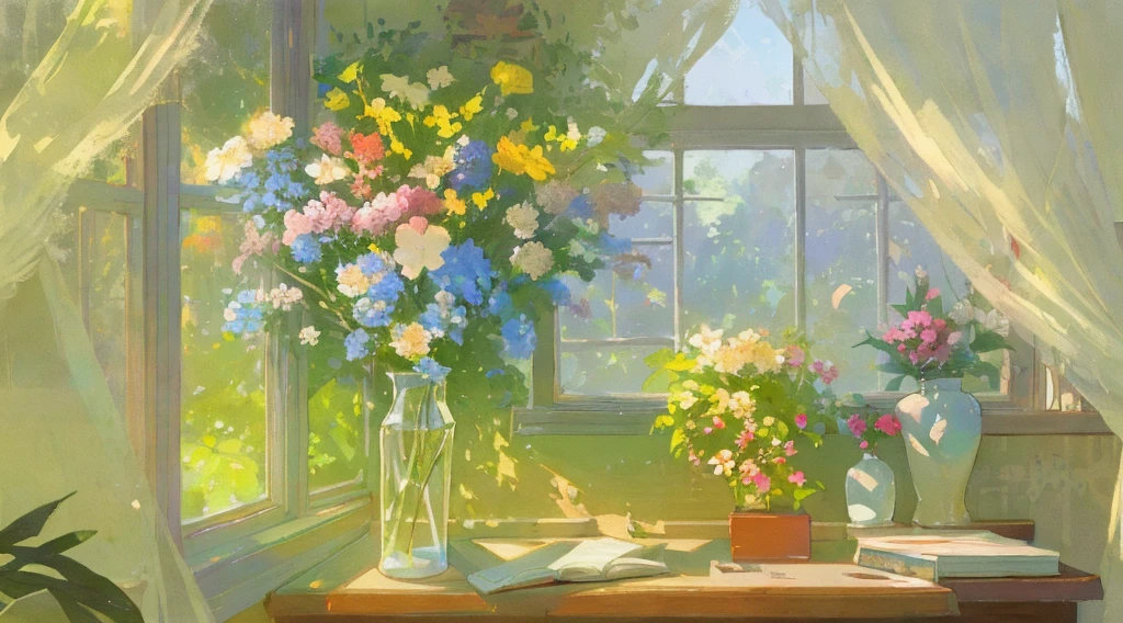 Painting of a vase of flowers on the windowsill, summer morning light,There is a desk under the window sill,There are several books on the table