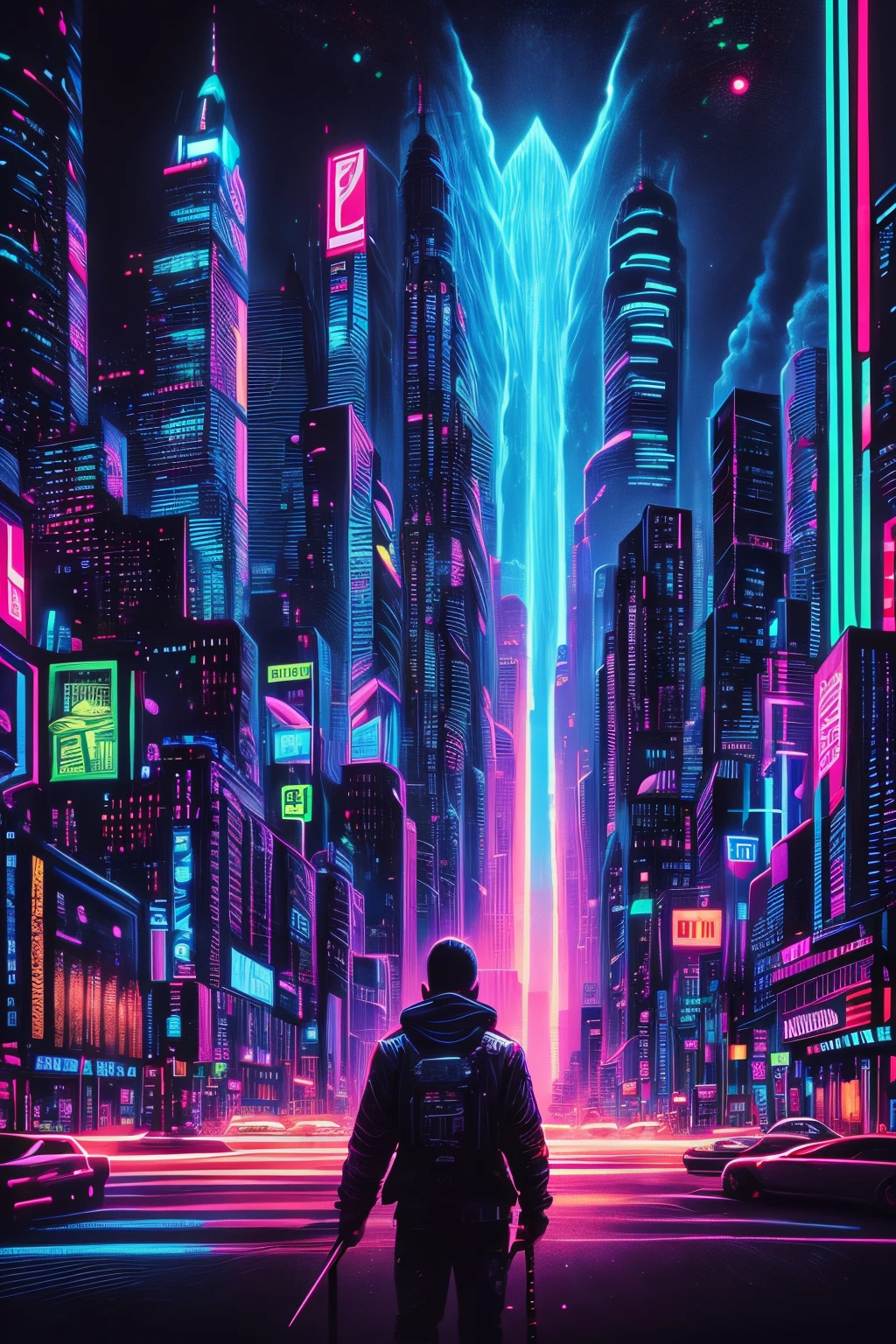 blacklight, best quality, masterpiece, highres, an extremely detailed, photorealistic, (Black Light Art:1.4), anime guy with two swords in his hand and a city in the background, cyberpunk art style, portrait of a cyberpunk samurai, in cyberpunk style, cyberpunk shading, cyber space cowboy, cyberpunk artstyle, synthwave art style ]!!, [ synthwave art style ]!! ]!!, [ synthwave art style ]!!, synthwave art style, cyberpunk samurai