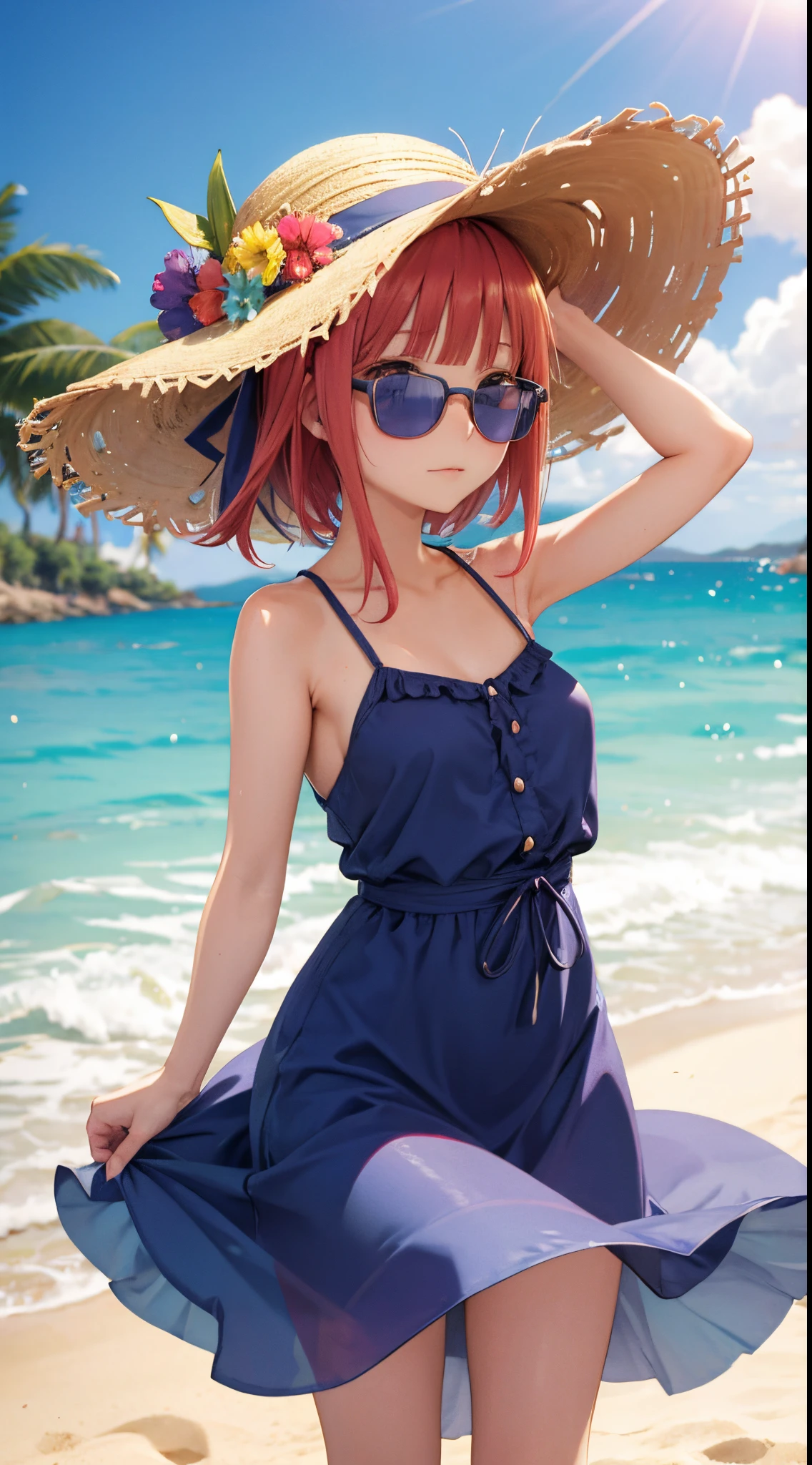 Nino Nakano, vestido playero,sombrero de playa,lentes de sol,costa del mar