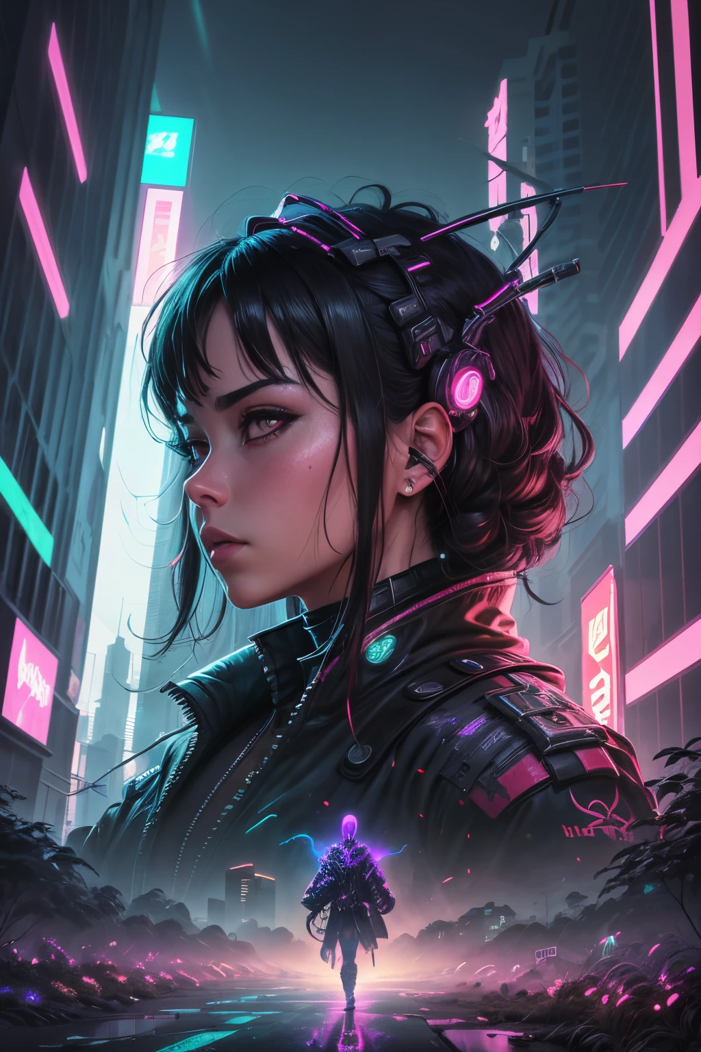 best quality, masterpiece, highres, an extremely detailed, photorealistic, (Black Light Art:1.4), Blacklight, BlacklightForestStyle , anime guy with two swords in his hand and a city in the background, cyberpunk art style, portrait of a cyberpunk samurai, in cyberpunk style, cyberpunk shading, cyber space cowboy, cyberpunk artstyle, synthwave art style ]!!, [ synthwave art style ]!! ]!!, [ synthwave art style ]!!, synthwave art style, cyberpunk samurai