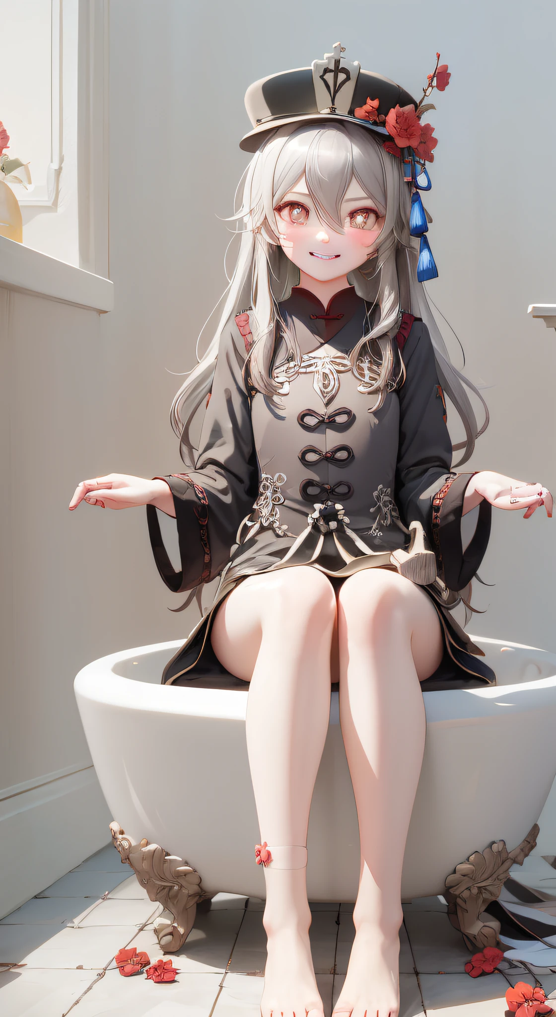 tmasterpiece,with a pure white background,8K art photography, realism concept art, Soft, Natural volume cinematic perfect light, epic, Popular topics on artstationh, a vibrant one, production cinematic character render, super high-quality model, lightand shade contrast,Anime girl sitting cross-legged in the bathtub,Bareleged,The barefoot,Hand detail, five finger,perfect eyes,eyes are very detailed,with a round face,with her mouth open,tear drop,Raised sexy,plum,Bigchest,through bangs,Black tiara,blush blush,Brown hair,Chinese style,blossoms,Grinning,Hair between both eyes,Hats,Cap flower,inner strength,Long gray hair,longer sleeves,looking at viewert,red flower,ssmile,独奏,Star-shaped brown pupils,teeth,