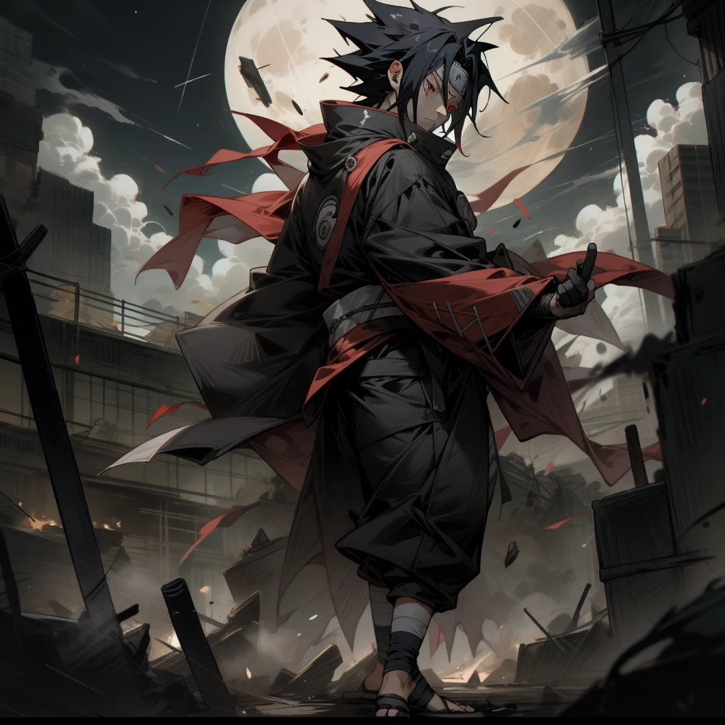 NARUTO, (sasuke), the night, a big moon, red-eyes, Cruel look, The destruction of the city. battle