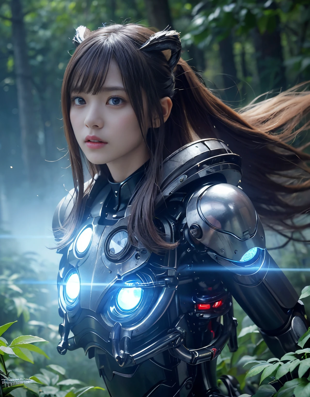 (1 Mechanical Girl)、top-quality、​masterpiece、超A high resolution、(Photorealsitic:1.4)、Raw photo、女の子1人、Fight mutants、glowy skin、(((1 Mechanical Girl)))、With a beautiful knife、（Red Metal Bodysuit）、(Fight goblings、ogre、Fierce battle with orcs),（Fight fiercely against aliens）、Fight fiercely、(beautiful forest background)、(Fighting Demonic Beasts)、(Small LED)、((super realistic details))、portlate、(Strong giant demon beast background),globalillumination、Shadow、octan render、8K、ultrasharp、Colossal tits、Raw skin is exposed in cleavage、metals、Details of complex ornaments、Japan details、highly intricate detail、Realistic light、(Mystical expression),CGSoation Trends、Blue eyes、radiant eyes、Facing the camera、neon details、(Mechanical limbs)、(blood vessels connected to tubes)、(Wires and cables connecting to the head)、Small LED、,Mechanical thighs、Toostock、（Hands are also made of machines）、（Attack of the Monster Beasts）、