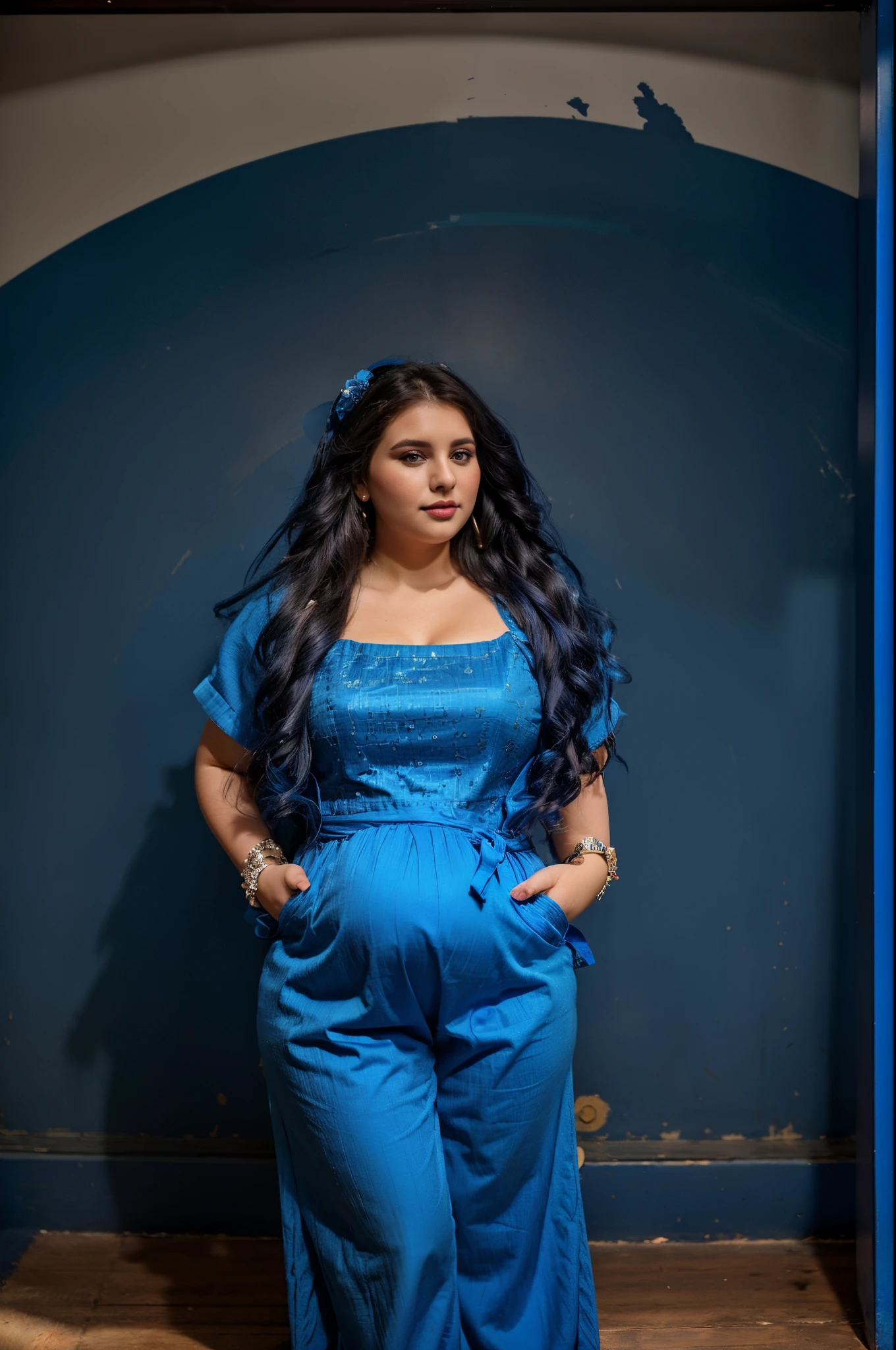 a pregnant woman in a blue jumpsuit posing for a picture, blue colored traditional wear, by Max Dauthendey, actress, stylish pose, dressed in blue, pr shoot, blue outfit, fanart, plus size woman, full body photogenic shot, gorgeous lady, beautiful cute, shot on sony a 7, photoshoot for skincare brand, shot on sony a 7 iii