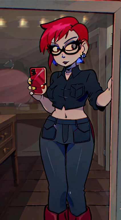 Mirror selfie, Red bob hair cut with bangs, blue eyes, blue glasses, red lips, winged eyeliner, goth makeup, jeans with holes, crop top with flannel, black boots, earrings