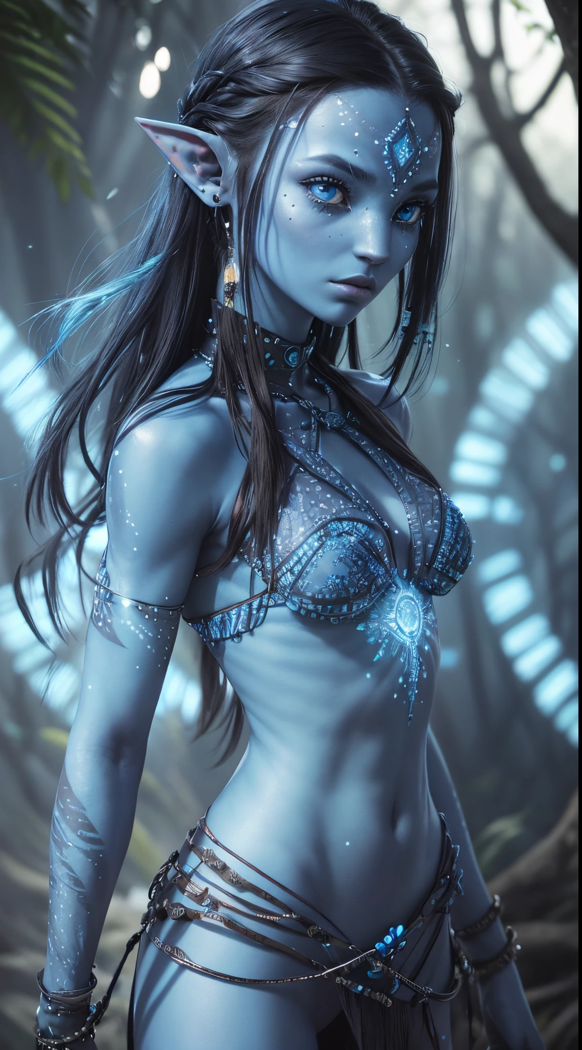 blue humanoid avatar with bioluminescent avatar markings dots and patterns on their skin. Tribal clothes, pointed elf ears. avatar like hair, hair colour black, sparkling glowing blue eyes, slightly shimmery iridescent blue skin. female, warrior like, magical and mystical, detailed and realistic. Only blue skin tone. Only blue coloured skin. Skin colour all blue.