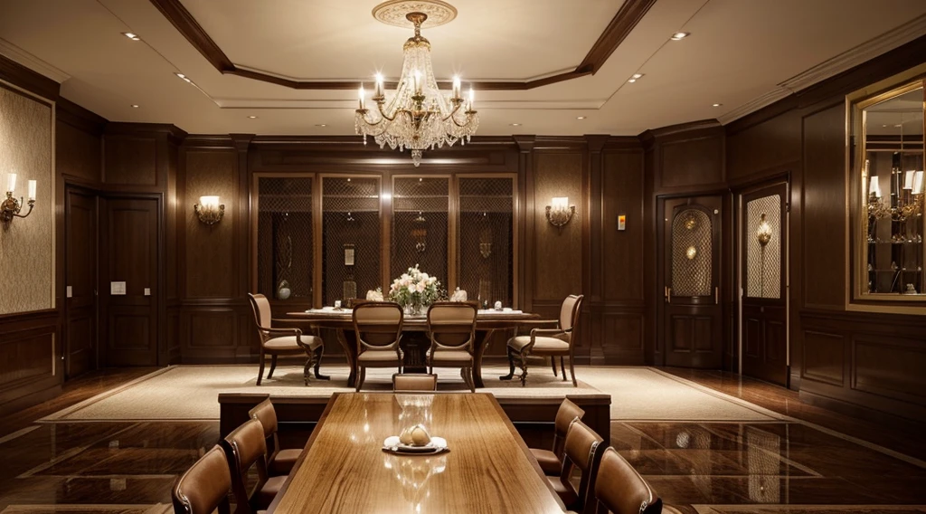 Design a classic dining room with a warm and luxurious ambiance. Describe in detail the interior layout, color scheme, materials, and decorative elements that contribute to this space. Focus on creating an ideal dining space for both formal gatherings and family meals, striking a perfect balance between a classic appearance and modern conveniences. Address lighting considerations and how the use of space can maximize comfort while delivering an impressive and sophisticated dining experience