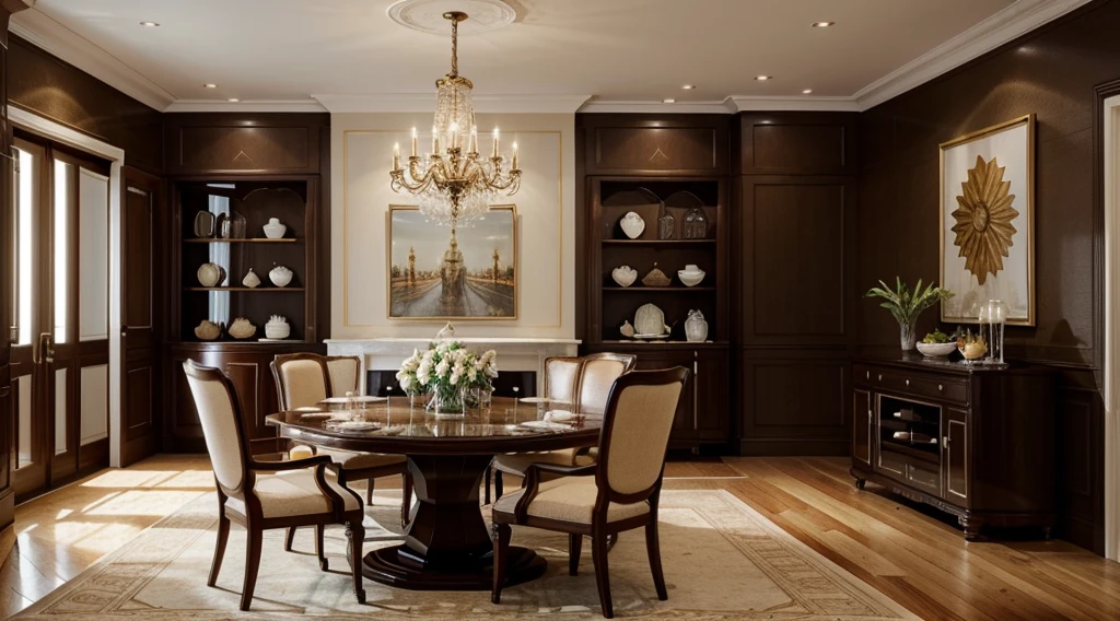 Design a classic dining room with a warm and luxurious ambiance. Describe in detail the interior layout, color scheme, materials, and decorative elements that contribute to this space. Focus on creating an ideal dining space for both formal gatherings and family meals, striking a perfect balance between a classic appearance and modern conveniences. Address lighting considerations and how the use of space can maximize comfort while delivering an impressive and sophisticated dining experience