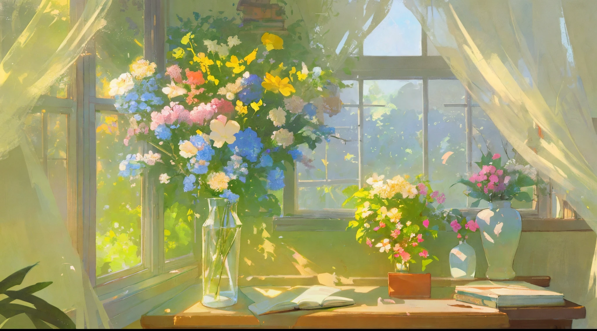 Painting of a vase of flowers on the windowsill, summer morning light，There is a desk under the window sill，There are several books on the table