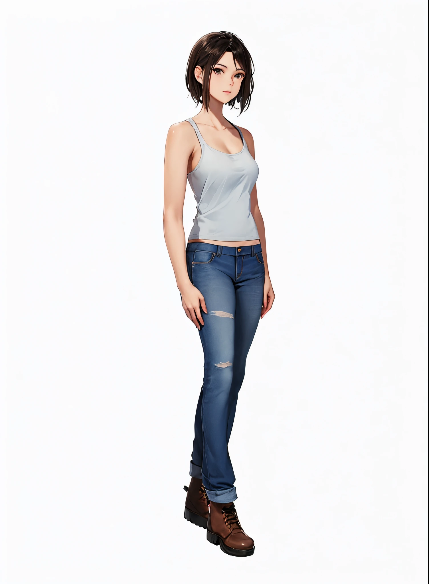 Cartoon of a woman wearing jeans and tank top, A single character full body, female human body whole body, character full body portrait, full body character portrait, Women's clothing, Tall female emo art student, full body single character, Full body female, full body character portrait, Casual pose, heroines, Uma personagem feminina, Full body characters, full-body portraits