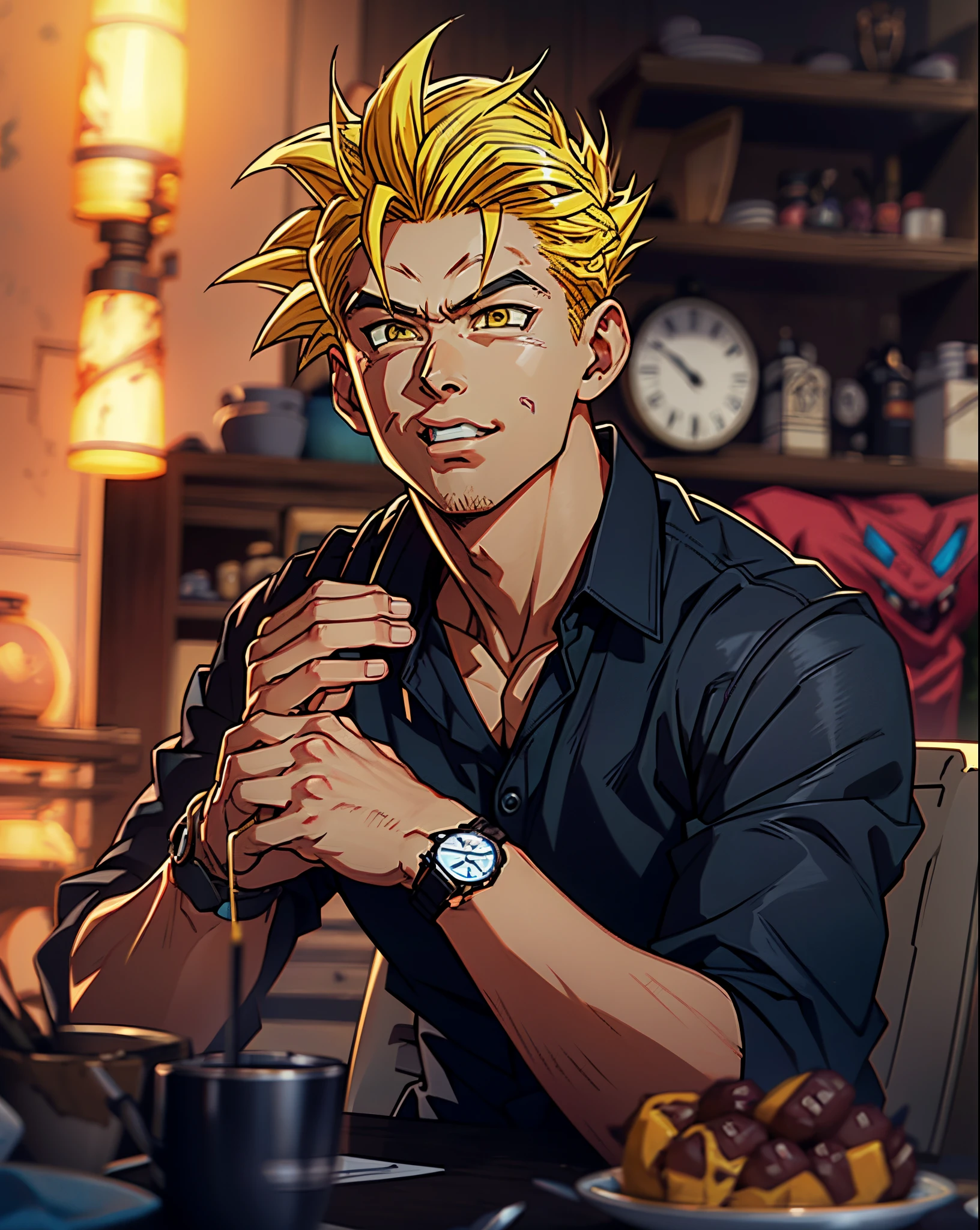 araffe man in black shirt sitting at table with a watch,super saiyan,(blond hair:1.5), ((yellow hair:1.5)),super saiyan goku, super sayan, super sayian goku, super saiyan 3, going super saiyan, dragon ball concept art, dragon ball artstyle, 4 k manga wallpaper, goku from dragon ball, an epic anime of a energy man, 4k anime wallpaper,smile,