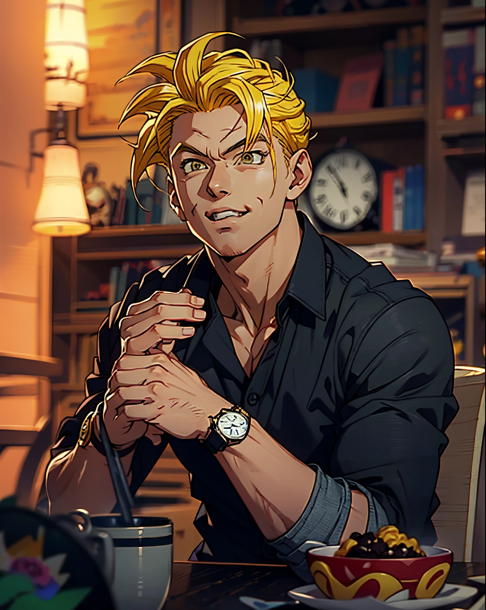 araffe man in black shirt sitting at table with a watch,super saiyan,(blond hair:1.5), ((yellow hair:1.5)),super saiyan goku, super sayan, super sayian goku, super saiyan 3, going super saiyan, dragon ball concept art, dragon ball artstyle, 4 k manga wallpaper, goku from dragon ball, an epic anime of a energy man, 4k anime wallpaper,smile,