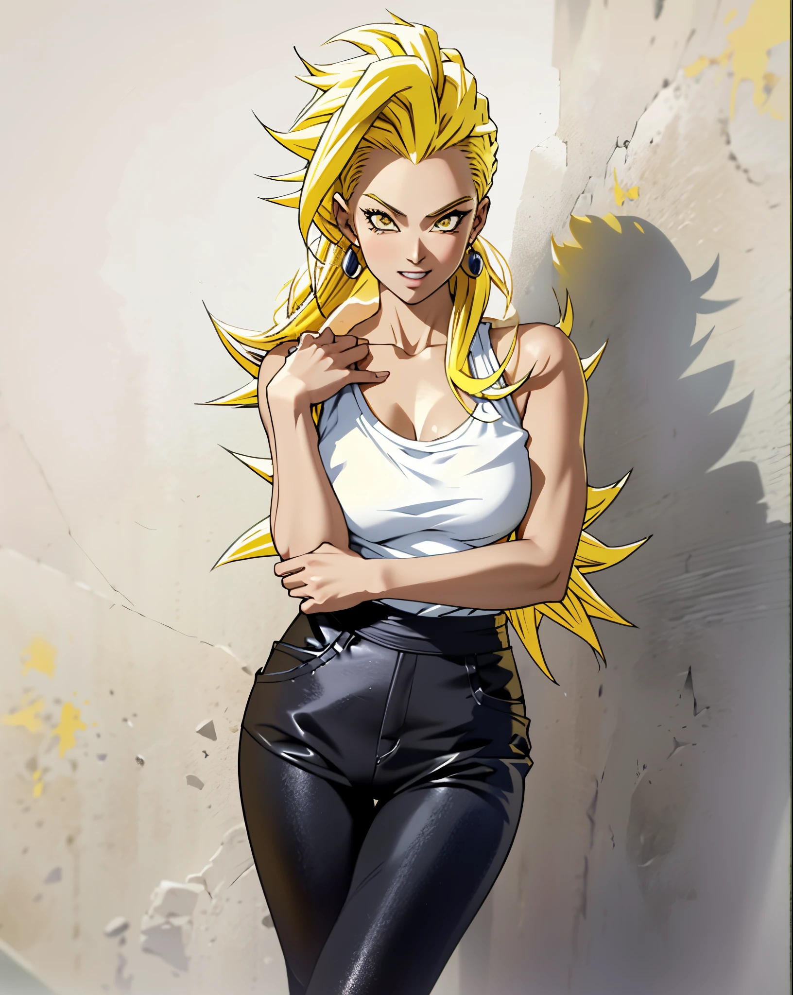 arafed woman in a white top and black pants posing for a picture,super saiyan,(blond hair:1.5), ((yellow hair:1.5)),super saiyan goku, super sayan, super sayian goku, super saiyan 3, going super saiyan, dragon ball concept art, dragon ball artstyle, 4 k manga wallpaper, goku from dragon ball, an epic anime of a energy man, 4k anime wallpaper,smile,