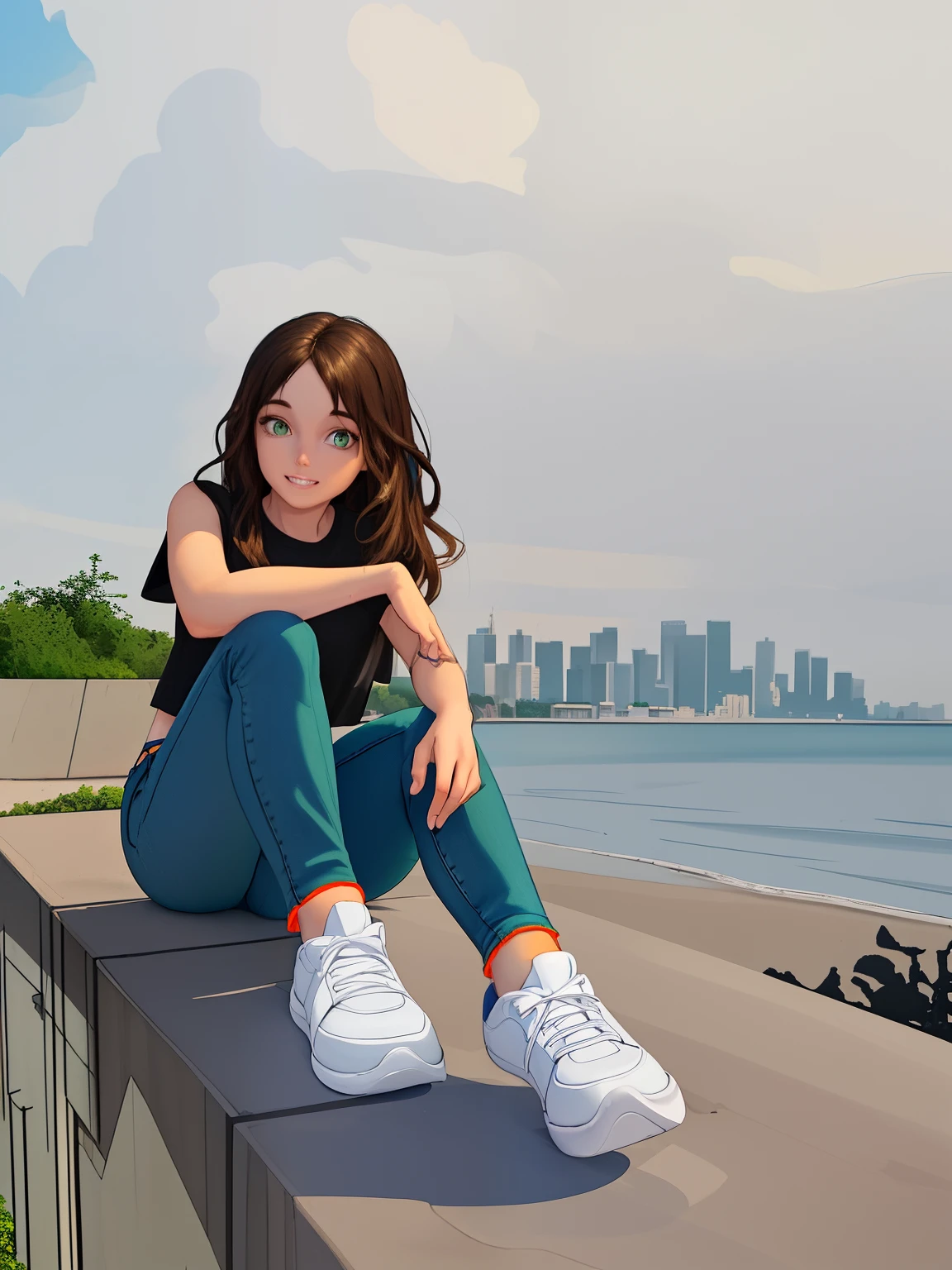 Create a Disney Pixar princess style image with the following characteristics: a white-skinned woman looking at the camera with green eyes and long, semi-wavy dark brown hair and a beautiful smile where you can see her teeth and beautiful look. This is a photo of a person sitting on a concrete wall with his legs crossed. The person is wearing a black t-shirt and blue jeans. The person is wearing white sneakers with orange and green accents. The background is a beach with a city skyline in the distance. The sky is slightly cloudy and the ocean is visible.