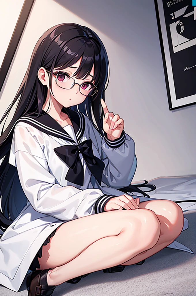masterpiece, Sharp Focus, Delicate beautiful girl, long black hair, Glasses, Wearing a white coat over a sailor suit, NSFW.