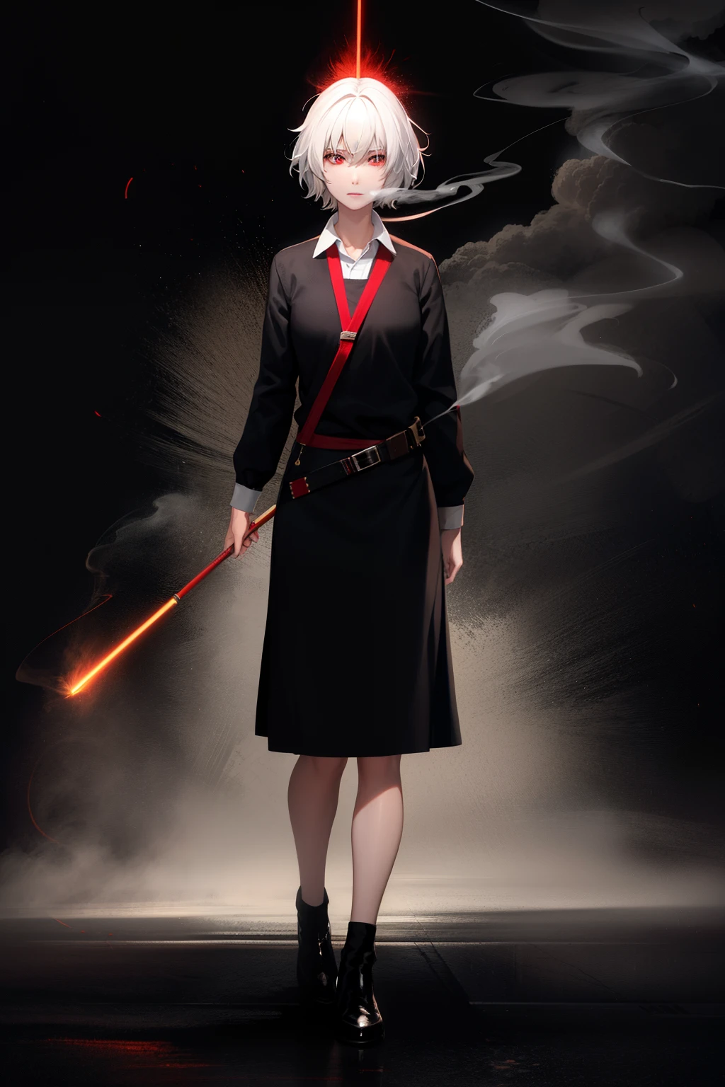 cute girl, Short white hair and light white smoke coming out of it, Red eyes, black clothes, full body, Smoke coming out of her hair like an incense stick