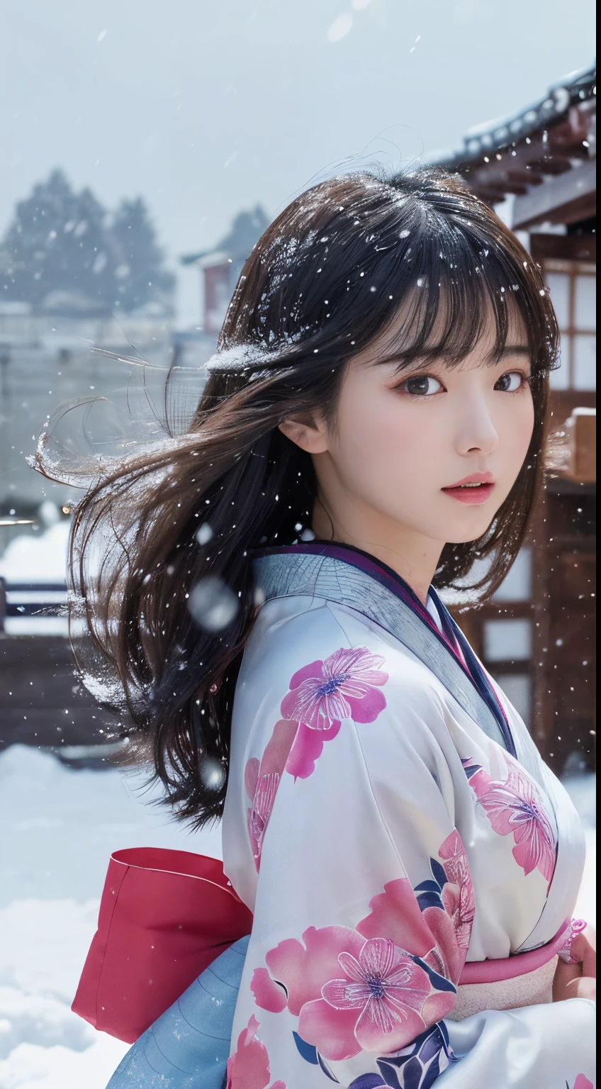 (Kimono)、、(top-quality,​masterpiece:1.3,超A high resolution,),(ultra-detailliert,Caustics),(Photorealsitic:1.4,RAW shooting,)Ultra-realistic capture,A highly detailed,high-definition16Kfor human skin、 Skin texture is natural、、The skin looks healthy with an even tone、 Use natural light and color,One Woman,japanes,,kawaii,A dark-haired,Middle hair,(depth of fields、chromatic abberation、、Wide range of lighting、Natural Shading、)、、(Falling snow:1.3)、(Hair swaying in the wind:1.2)、(Snow reflects light:1.3)