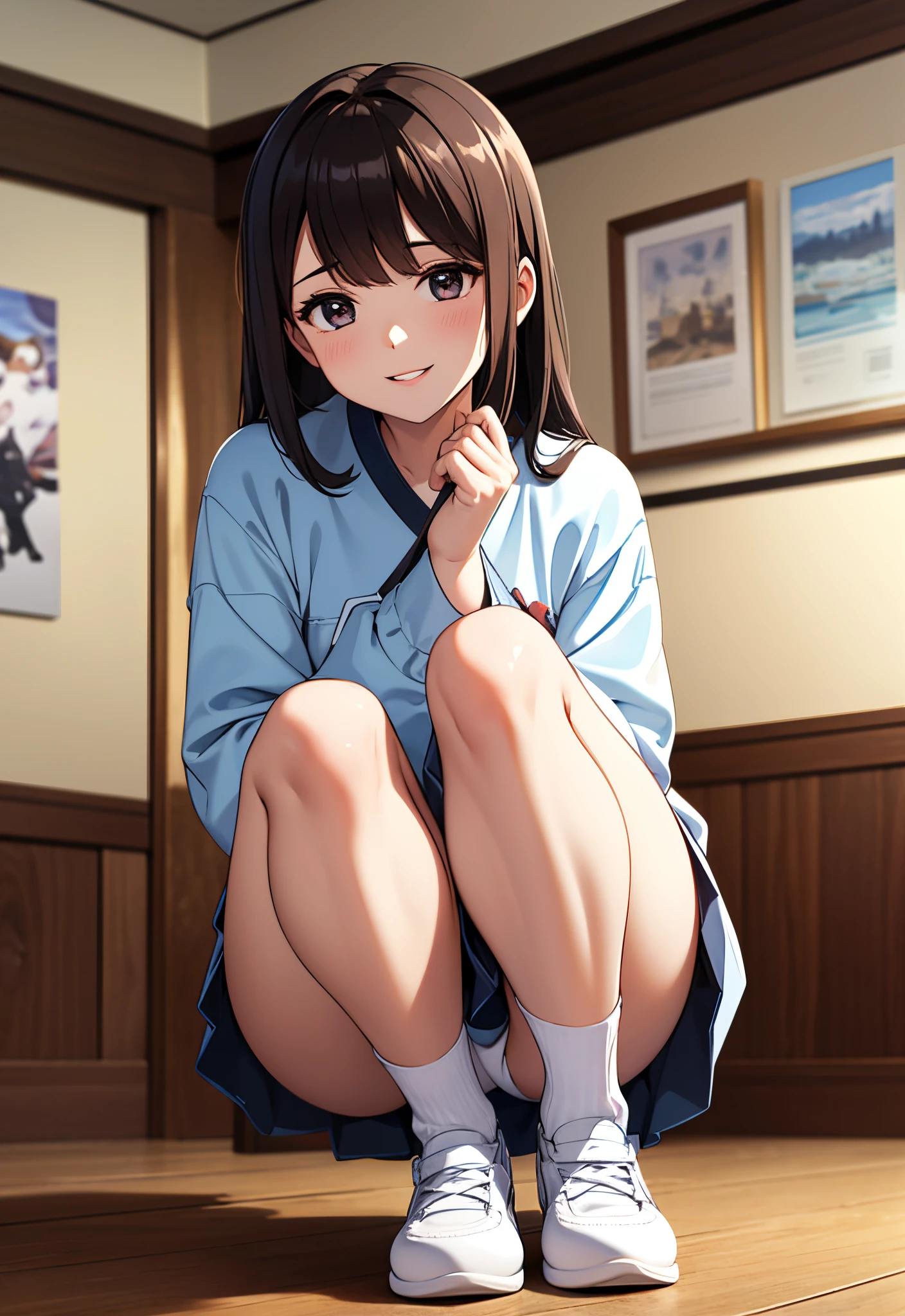 realisitic、frontage、top-quality、超A high resolution、depth、strands、PastelColors、Sit up、Ass mochi、natural shadows、Focus on the face、Face only、Look at viewers、Brunette hair、brown and detailed eyes、(masterpiece、top-quality)、Inner Stock、1 girl in、独奏、 (Shut up)、a smile、cparted lips、 shinny skin、thighs thighs thighs thighs、white panties、 校服、pleatedskirt、lowfers、Black socks、crouching down、inside the house、tre anatomically correct