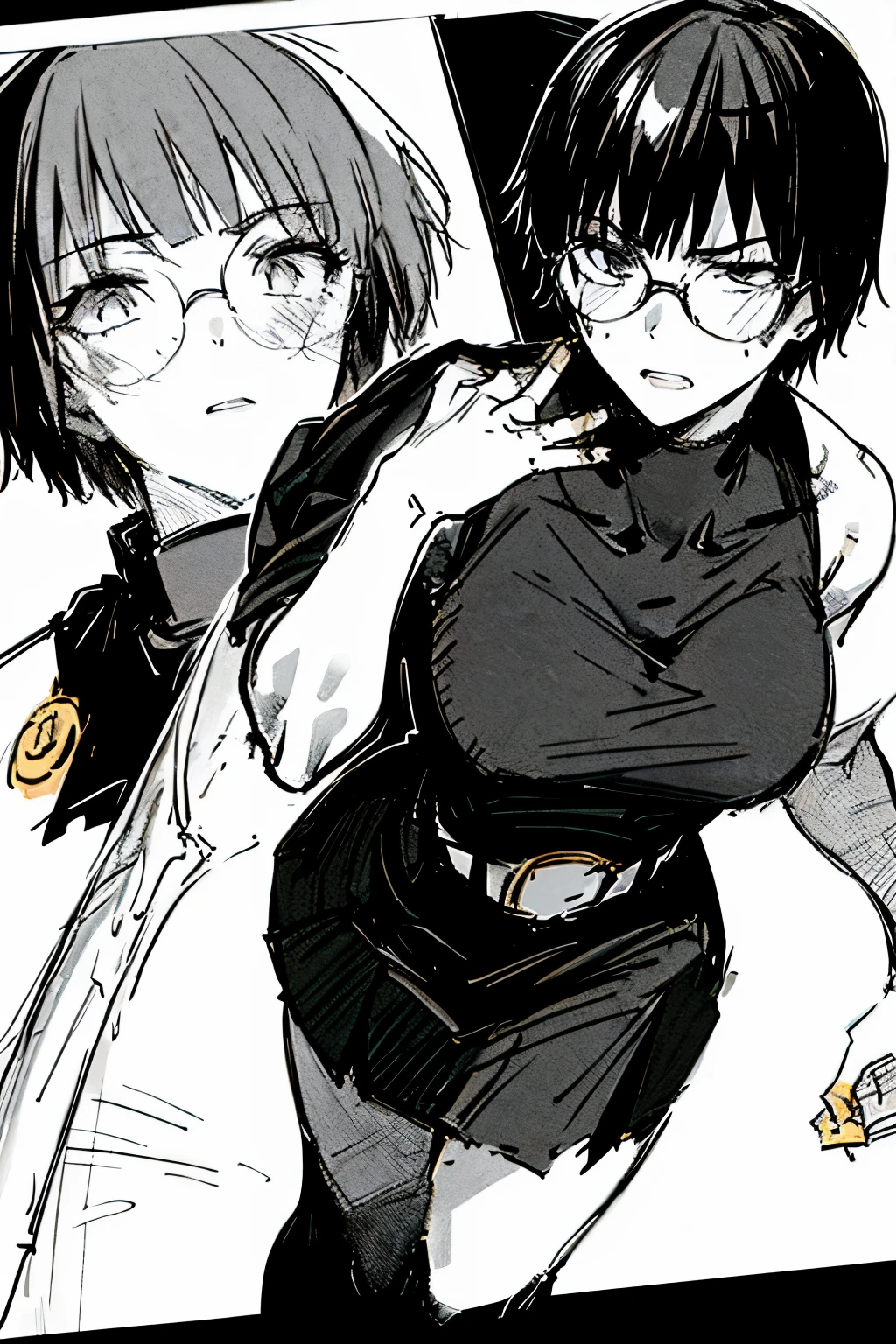 (masterpiece), best quality, expressive eyes, perfect face, ((masterpiece)) ((manga)), 1girl, (attacks you), shorthair, glasses, school uniform, (warrior, knight, sword), stockings, borders between panels, ((diverse camera angles)), (((black and white))), sketch, embarrassed,  extremely detailed,  illustration,(no color), (manga sketch), scene,sharp image, clear image, (beautiful detailed serious face with plain make_up)