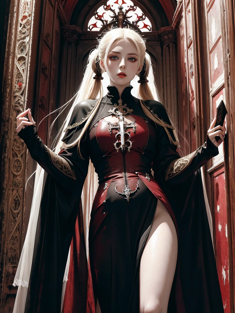 pale young divine gothic priestess, twintails, pure white skin, rust decay, Beautiful full body symmetrical portrait, Delicate blonde hairstyle, crimson eyes, dark red elegant gothic armor, encrusted with red gems, dark cathedral, masterpiece, Highest image quality, super detailing, upscaled, art by Zdzislaw Beksinski, art by H.R. Giger, absurdres, highres, (official art, beautiful and aesthetic:1.2), real, 4k, 8k,